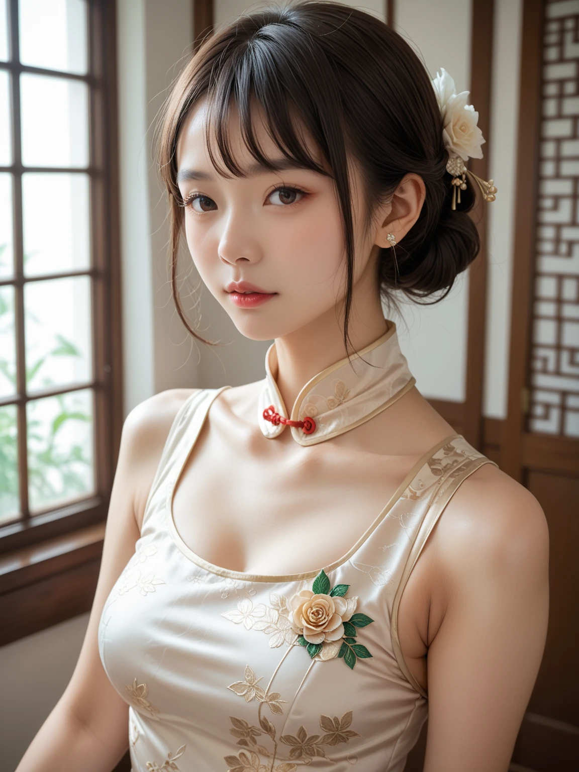 (1girl), ponytail, Extremely cute face, Amazing face and eyes, (Highly detailed eyes, Highly detailed face), fresh, Very clean appearance, (Hyper-realistic, high resolution), (Best Quality:1.4), (hyper quality), Authentic skin texture, Raw photo, (Realistic, Photorealsitic:1.37), highly detailed, Professional Photography, (floral pattern ao dai:1.5), (Open ao dai), (cleavage:1.2), (Bare shoulders), Smile slightly, (Staring at me), Bedroom, girl portrait,