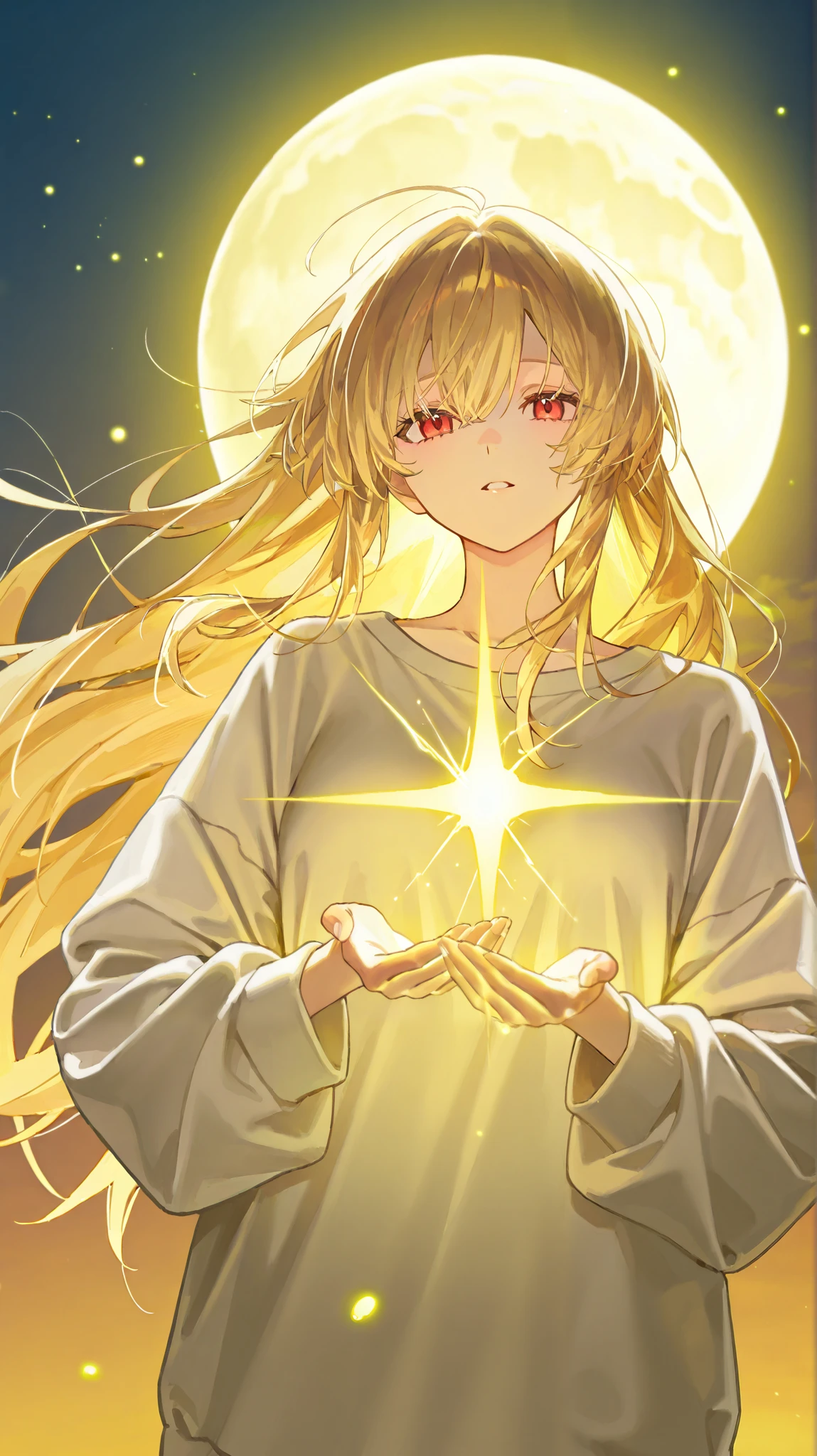 1girl, blonde, light golden hair fluttering in the wind, dark brown with red eyes, red dark brown eyes, Girl in a white voluminous sweatshirt, holding golden light, a bunch of golden yellow energy in the shape of a heart, light in the palms, shine, raised her head to the sky . очень deep background с небом пронзительного цвета, evening, pale moon, lots of sakura , golden fireflies and sparks, deep background , , , , The silhouette of the girl in the foreground is clearly defined, background depth, 2D image volume