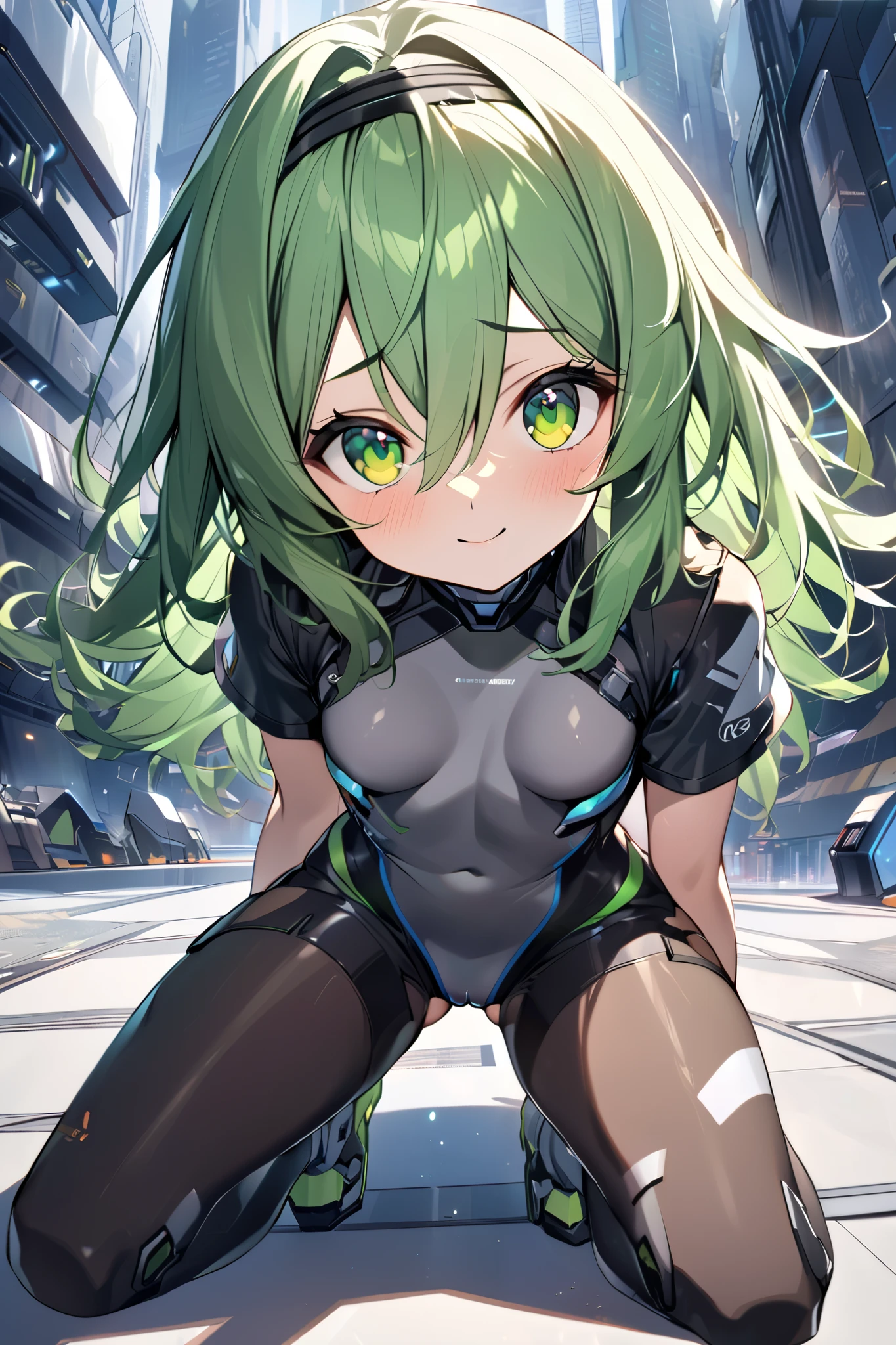 kneeling, 1petit_young_girl, solo, long_shaggy_hair, green_hair, short sleeves, (multicolored_bodysuit), robot ears, green eyes, very_short_shorts, short sleeves, short over long sleeves, lightsmile, in futuristic city, , high quality, medium_breasts,crotch, slouch,groin,dynamic_angle,black_hair_band,small_breasts,