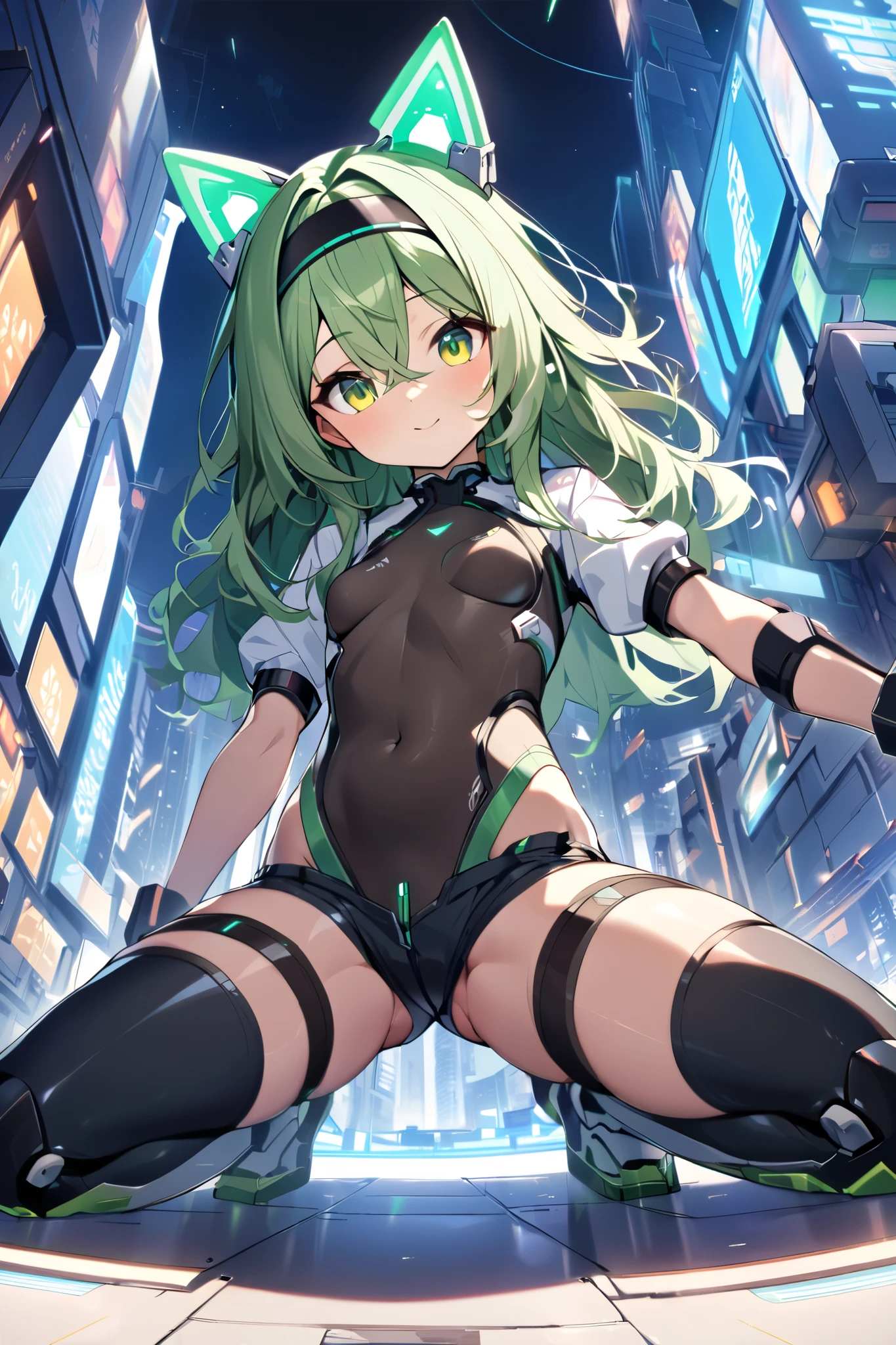 kneeling, 1petit_young_girl, solo, long_shaggy_hair, green_hair, short sleeves, (multicolored_bodysuit), robot ears, green eyes, very_short_shorts, short sleeves, short over long sleeves, lightsmile, in futuristic city, , high quality, medium_breasts,crotch, slouch,groin,dynamic_angle,black_hair_band,small_breasts,
