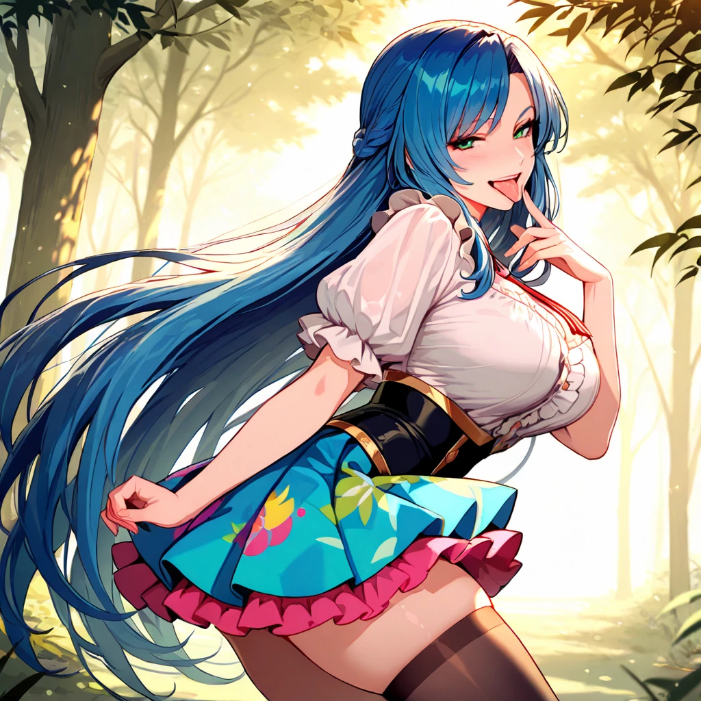 Anime girl, blue hair, Draw an anime girl amidst the changing seasons, surrounded by the beauty of blooming flowers in spring or colorful leaves in autumn, sexy, seductive, large breasts, full body shot, , taking clothes off