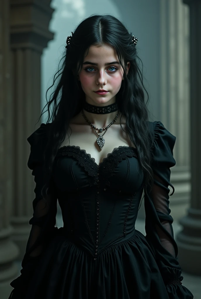 (masterpiece、top-quality、top-quality、Detailed and complex、official art、aesthetically pleasing:1.3)、(1 brown victorian volumen haired female vampire with fangs in:1.3)、(Winona Rider look) (revealing fangs) (realistic art:1.3)、blue coat, white shirt, gold accessories, gothic castle background. Moon and stars background
