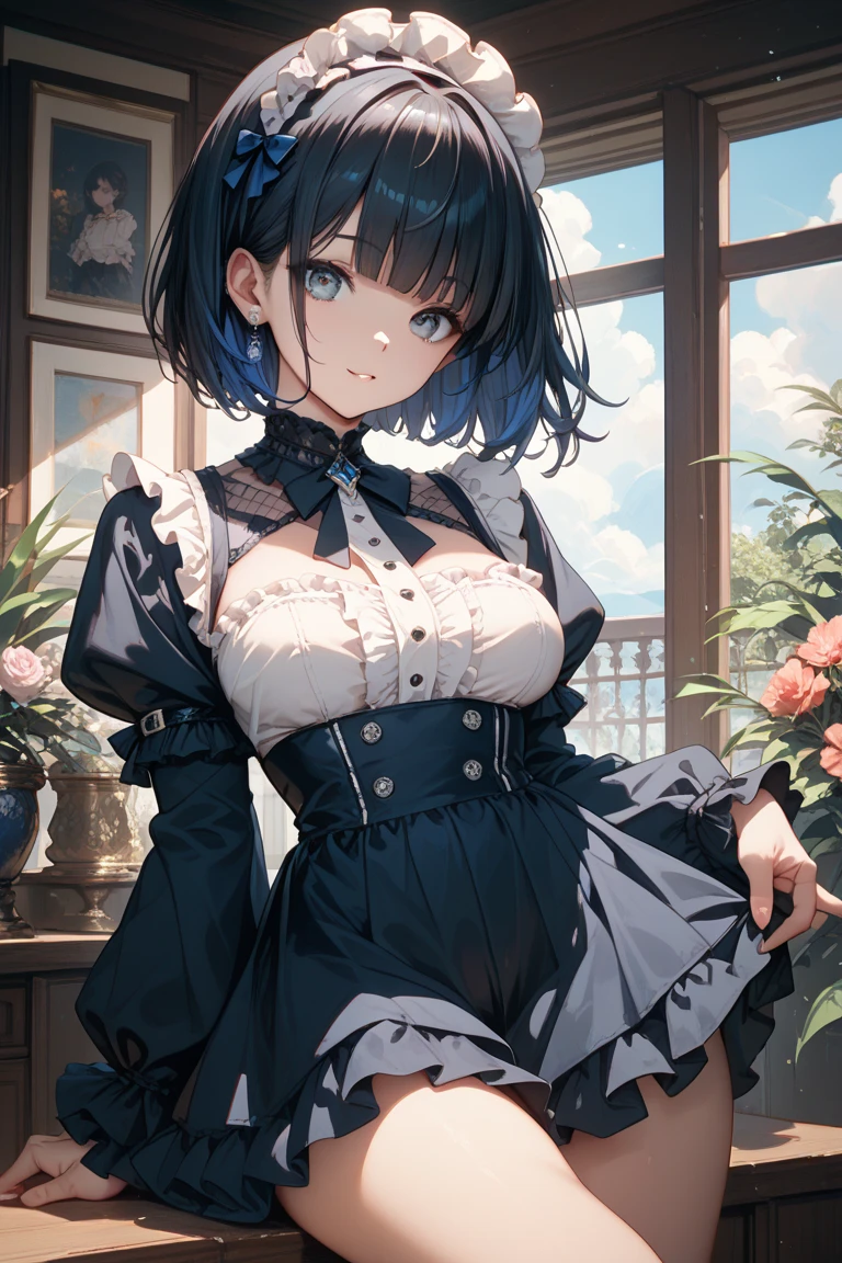 (Tabletop.Highest quality).(Dynamic Angle). (Amazingly detailed CG paintings),(Perfect image)、Comic Strip.shape.one person's.Detailed face、Perfect Face.Delicate face、Girl in delicate clothes、Textured skin、Black Hair.length、(Horse-eared girl)Horse-eared girl、((Beautiful yellow eyes)).Delicate and beautiful eyes、The eyes are detailed、Reflective eyes、Watery eye、smile.(Gazing at the audience:1.3).(Face is a little red:0.8)、8k wallpaper、Cowboy Shot、reflected light、Attention to detail、Complex、Delicate background、Textured skin、Detailed skin、(Ultra-high resolution)、