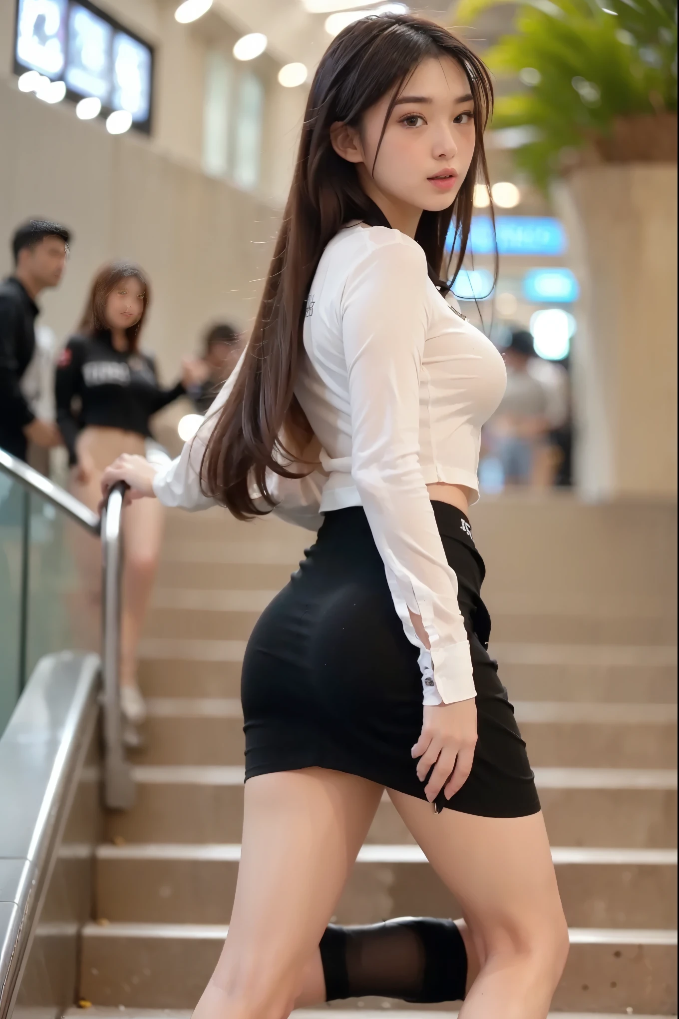 (ultra-realistic: 1.8), (RAW photo:1.4), (detailed skin), back view, back view, (Christina Hendricks), (20-year-old world's most beautiful and pretty woman), (((super huge bust: 1.7)), (thick and wide bust: 1.7)), (super huge hip: 1.5),(thick and wide hip), ( (60s Office Fashion: 1.3)), (White Tops), (Gray Mini Skirts), (Walking in Shopping Malls), ((BBW)),