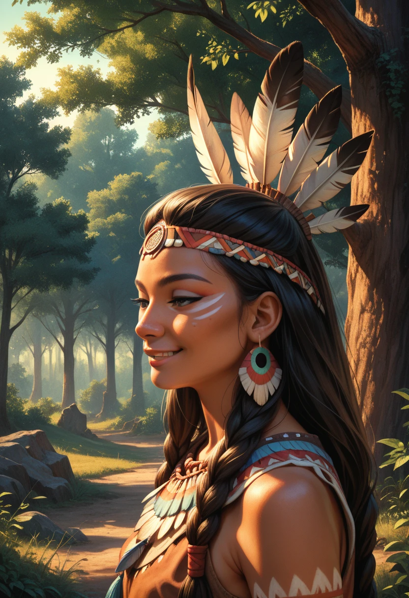 Very beautiful native american woman, traditional cloths, Sharp focus, hyper realistic, evening sunshine, jungle, close-up,