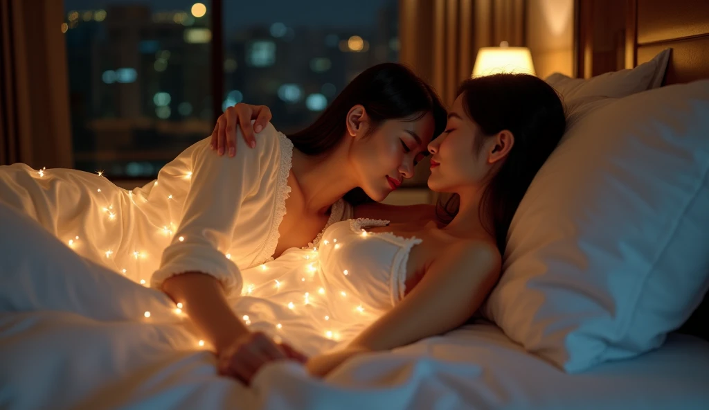 Night of passion under the stars • Prompt: Preity and her partner lie naked on a soft blanket under the clear night sky, the stars sparkle above them. Preity gently caresses her partner’s skin, while they snuggle up close and enjoy the cool night air. The soft light of the moon and stars enhances the magic and deep emotional connection of the moment.
• Details: ISO 1600, f/1.8, 1/60s, 35mm focal length, Weak, Natural light, which emphasizes the stars and the intimate atmosphere.