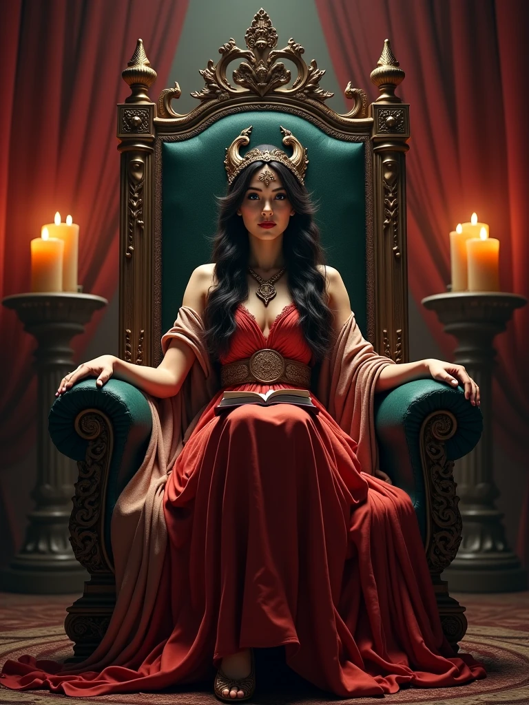 Cleopatra in a red dress sitting on a throne with a staff with a crystal stone and a crown on her head and a Moroccan carpet full of lanterns around her