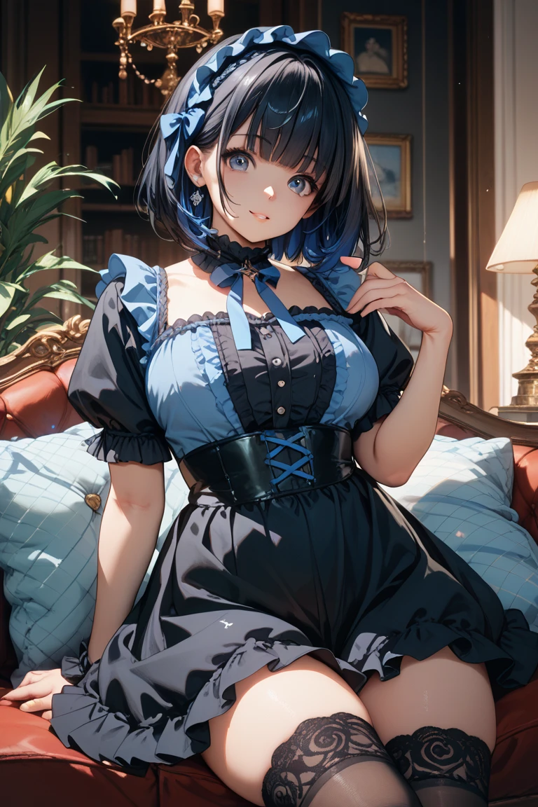masterpiece, best quality, super detailed, illustration, (1girl), beautiful detailed eyes, looking at the viewer, close up, (breast focus), black hair, shyness, cat ears, white plaid skirt, black stockings, no shoes, garter, blue eyes, thighs