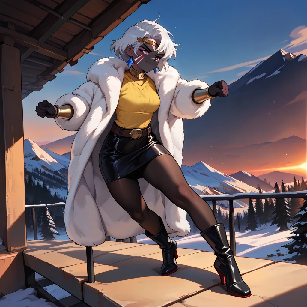 (((queentyr, colored skin, black skin, purple eyes, angry, white hair, circlet, neck ring, bracer, facial mark))), ((warm clothes, overcoat, fur coat, yellow sweater, leather skirt, tights, pantyhose, high heel boots, mountainous environment, snow, sunny day, forest, tundra forest, xuer white fur coat, red lining, smug, belt, red lipstick)), ((viewpoint, balcony, sunset, fitness,, shapely body, athletic body, toned body, xuer white fur coat, jacaranda trees, jacaranda grove)), ((1girl, solo, gray hair, black eyes, short hair, woman, small bust, earrings))