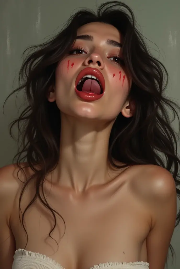 A girl laughing a lot, quite flushed and with her eyes open and watery, with both arms up, and with a long-sleeved shirt but with a large hole at the height of the armpits that makes the armpits and the side of the chest visible and through the armpits slide the tips of the fingers of two hands hands with long nails in each armpit