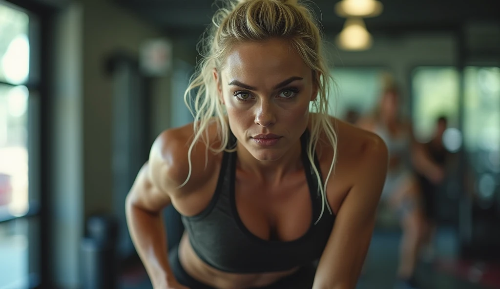 score_9, score_8_up, score_7_up, score_6_up, score_5_up, score_4_up, realistic style, photo, photorealistic, high detail, (sharp), BRAKE, from behind, ass focus, girl, blonde, light hair, ponytail, green eyes, curvy figure, athletic figure, gray sports top, gray sports shorts, fitness, in the gym, on all fours, doing fitness, looking at viewer, body covered in sweat