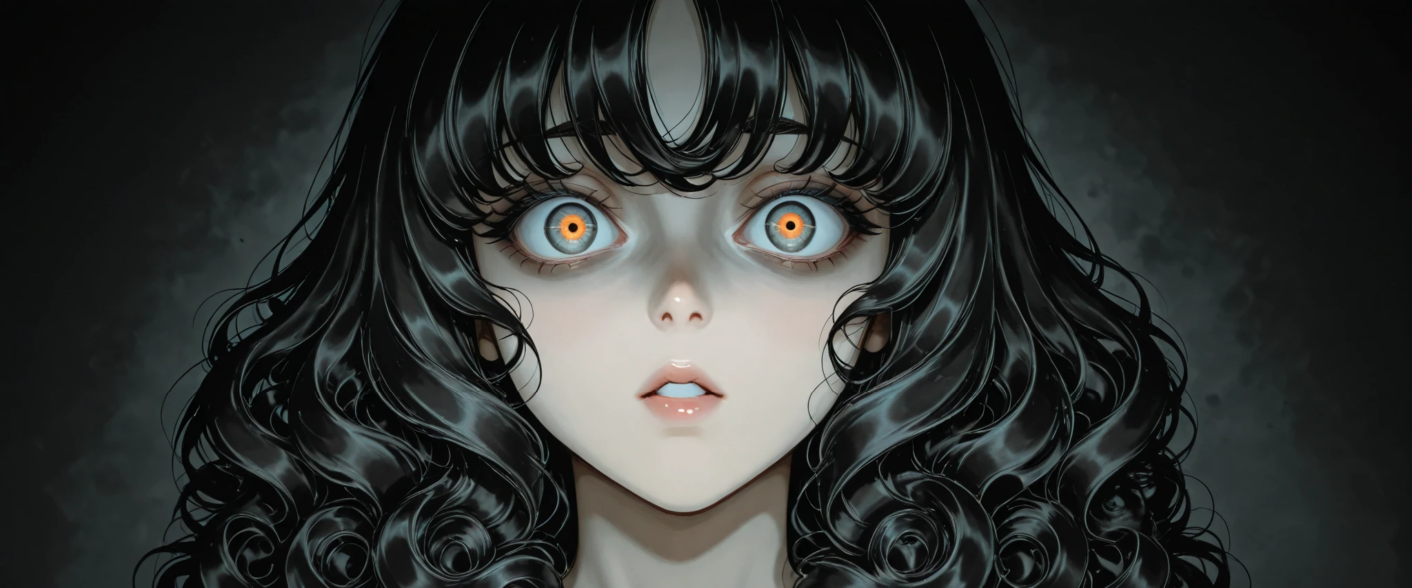 in a dark environment , Art in plain detail of a girl's two eyes, full focus on the eyes, o full focus on the eyes dela, Just your eyes . Its amber-colored pupil eyes reflect the strangely divine sun.. The look is that you just woke up with a certain surprise. Your brows furrowed and with a certain fear. The only trace of her hair, is that it is a dizzying black curly hair.