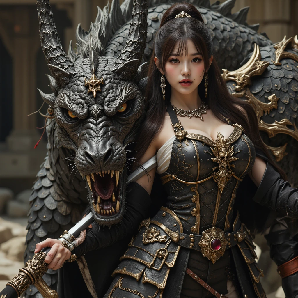 Professional , masterpiece、top-quality、photos realistic , depth of fields (Gemstone Black Metal Body:1.9),(Enamel Black、(cleavage of the breast)、Dragon Gold Weapon(Dragon Metal Body:1.4),Gorgeous gold weapons ,(( Dragon's dense and gorgeous sword)) , Beautiful knife ,warhammer 40k , adepta sororitas,Detail and gorgeous crown、((Brown hair))、(Legion in iron armor on background)、(Castle background)、The dragon、((Gangle's forest background))、Beautiful Caucasian beauty、(1a person)、dynamic ungle,(((Detailed and ornate Black Devil Crown)))、Smaller head、A smile、Castle background、Thin and beautiful female hands、cleavage of the breast、Soldier in iron armor on background、Mystical expression、Light Effects、Wind-effect、magic circles、With the legendary magic wand、(demonic wings)、Toostock、