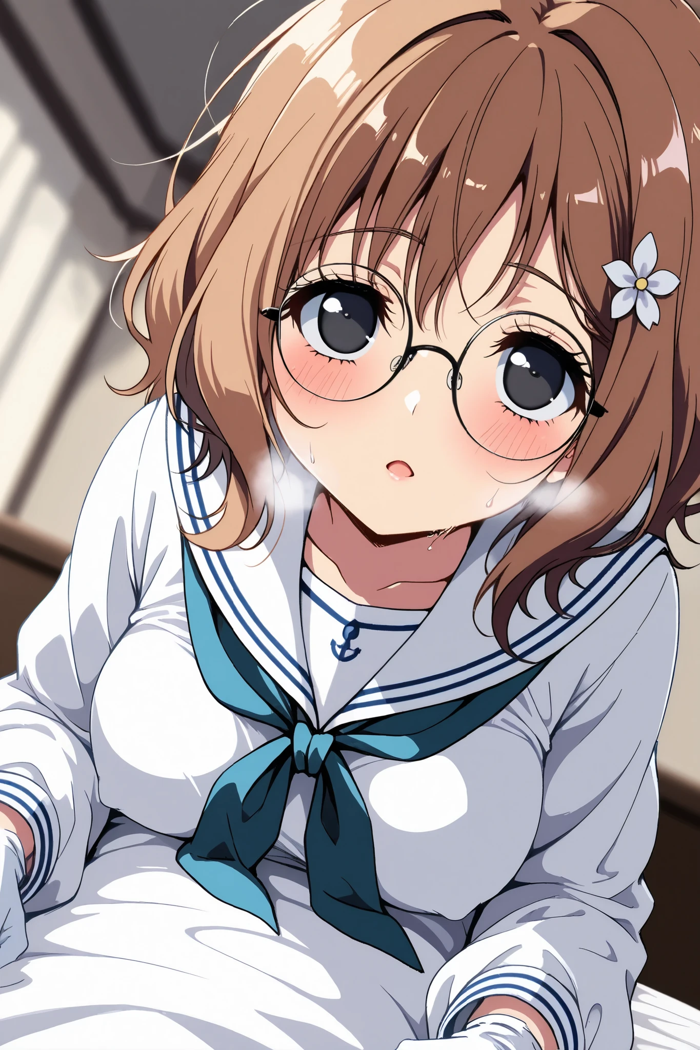 reia_kosu,1 female,solo,pretty,
ohana_matsumae,
short hair,brown hair,hair ornament,
flower,hair flower,stupid hair,long hair,
colored inner hair,
black eyes,big eyes,slant eyes,sleepy eyes,
long eyelashes,silver-rimmed round glasses,
extreme close-up under the chest,
low angle,
midium breast,nipple,
looking at viewer,dutch angle,
blush,sweat,white breath,
Incontinence,ecstasy,orgasm,climax,
feeling sexual pleasure,intense breathing,
sailor clothes (1.3),school uniform,
neckerchief,blue neckerchief,long sleeves,
white gloves,
perfect face,beautiful skin,
anatomically correct,
masterpiece,highest quality,
high resolution,high definition,
ultra-detailed,anime,blurred background,
indoors,on bed,bed room