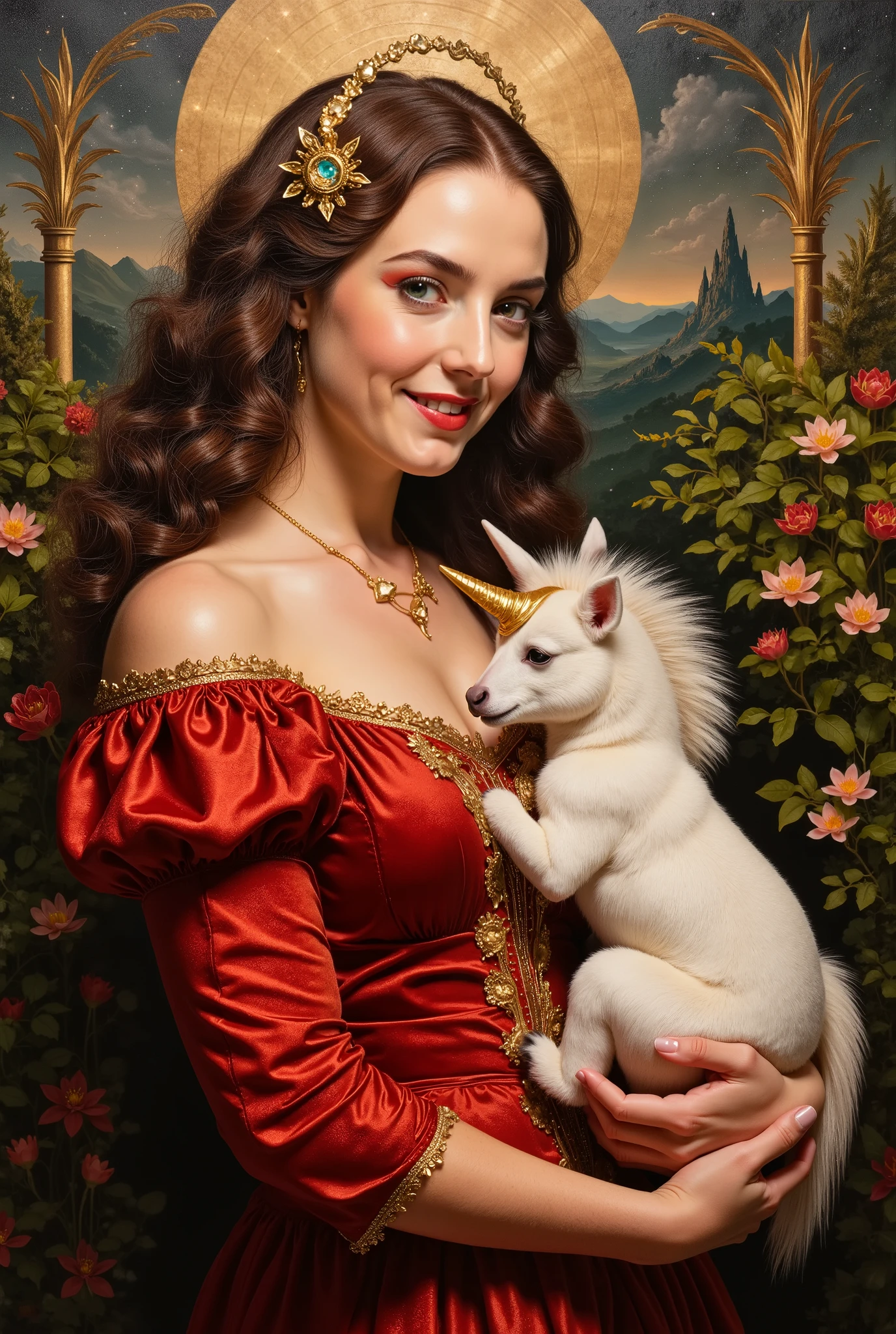 Enchanted smiling woman in a red velvet dress cradling a baby Unicorn.... An oil painting by Hieronymus Bosch 
