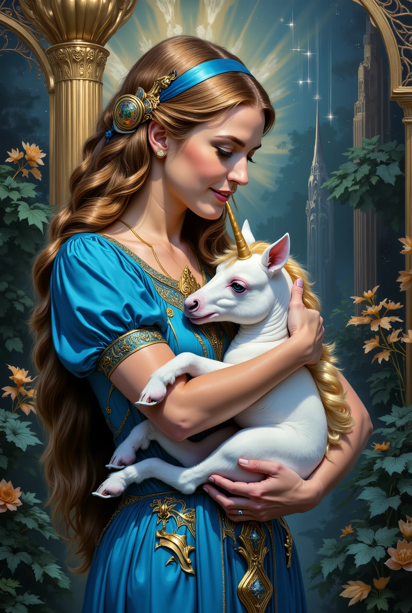 Enchanted smiling woman in a blue dress cradling a baby Unicorn.... An oil painting by Hieronymus Bosch