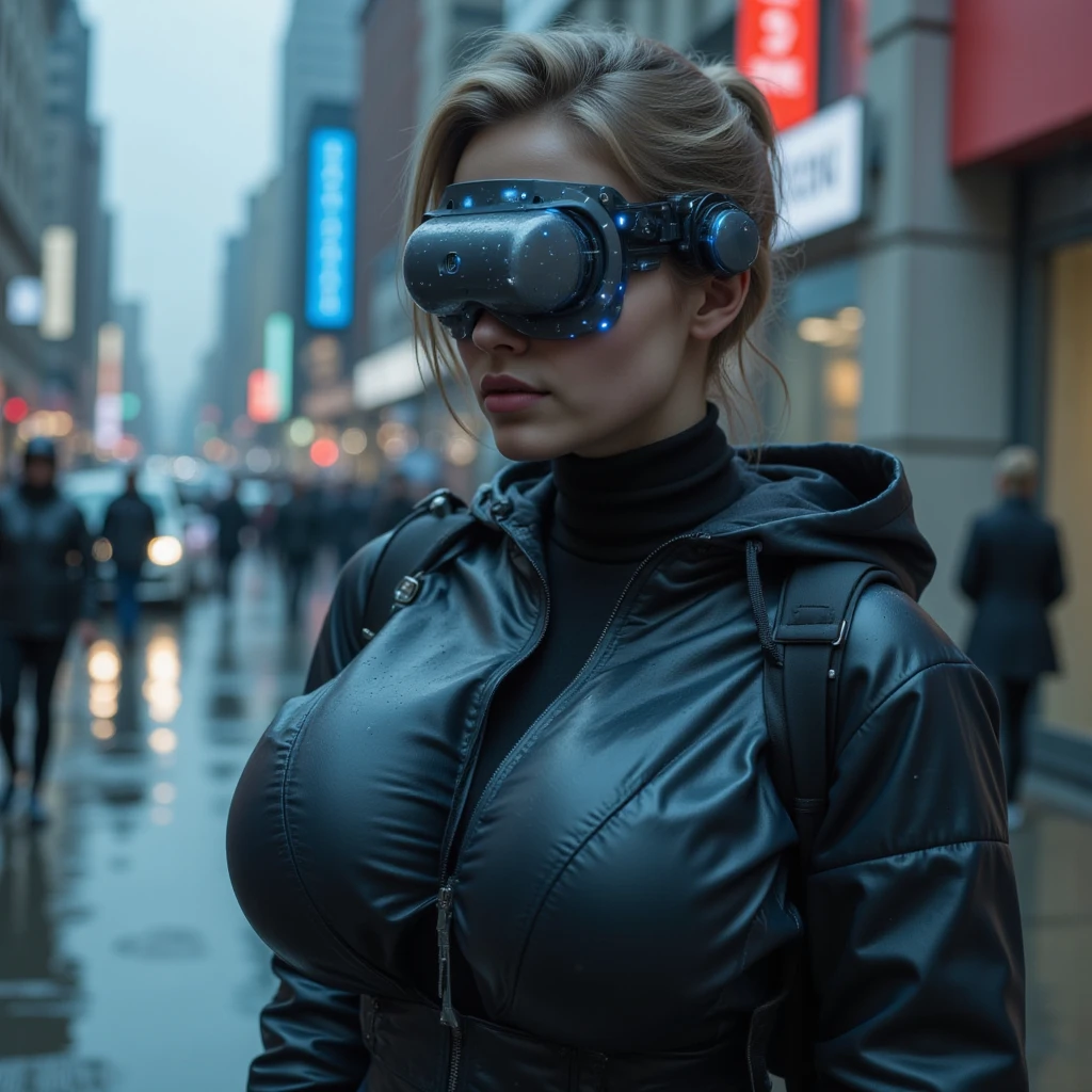 Best quality, one person, ((masterpiece)), 8k, raw, ((a hot pretty young beautyful big tits girl)), ((detailed face)), (there is a cyberpunk city in the background), (good anatomy), detailed eyes, detailed face, (((long black hair))), (((black latex lingerie with Garter Belts Sexy ))), ((Secretary outfit)), (((good anatomy))), (big tits), (((posing with her tits))), makeup, bigt tits on focus, (PUSH UP TITS), (((WEARING A VR Headsets))), ((visible tits)), colored picture, (medium size breast)