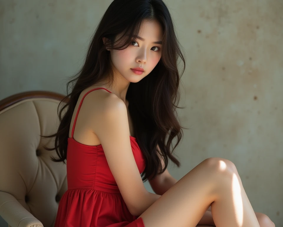 1girll, 175 cm,Korean K-POP idols and models ,23 years old,Soft body, jet-black hair, Wavy Hair,Whole body, hair grows to waist, Whole body,((From head to foot)),close-up, 8K, Raw photo, Best Quality, masutepiece,Realistic, Photorealsitic,Cute(Front Focus), (In the Dark:1.6), surreal female portraits by David Hockney and Alphonse Mucha, Fantasy Art, photos realistic, Dynamic lighting, art  stations, poster for, voluminetric lighting, extra detailed face, 4 k'', awardwinning, 1girll, In the Dark, deepshadow, low tune, Cowboy Shot, (official outfit:1.4), Long hair、princess dress、Red dress,(side slits:1.1)、Boyleg、(Underwear shot while sitting with legs spread:1.2)、show foot