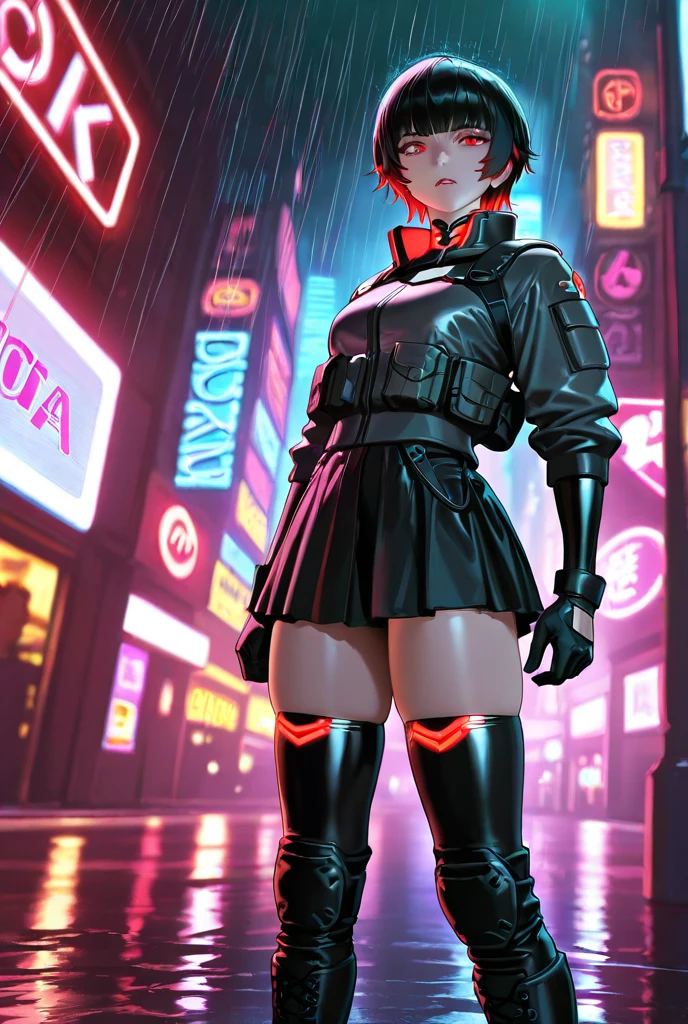 rosa pokemon with oversized side buns, leather jacket, leggings, mini skirt, big breasts, cyberpunk