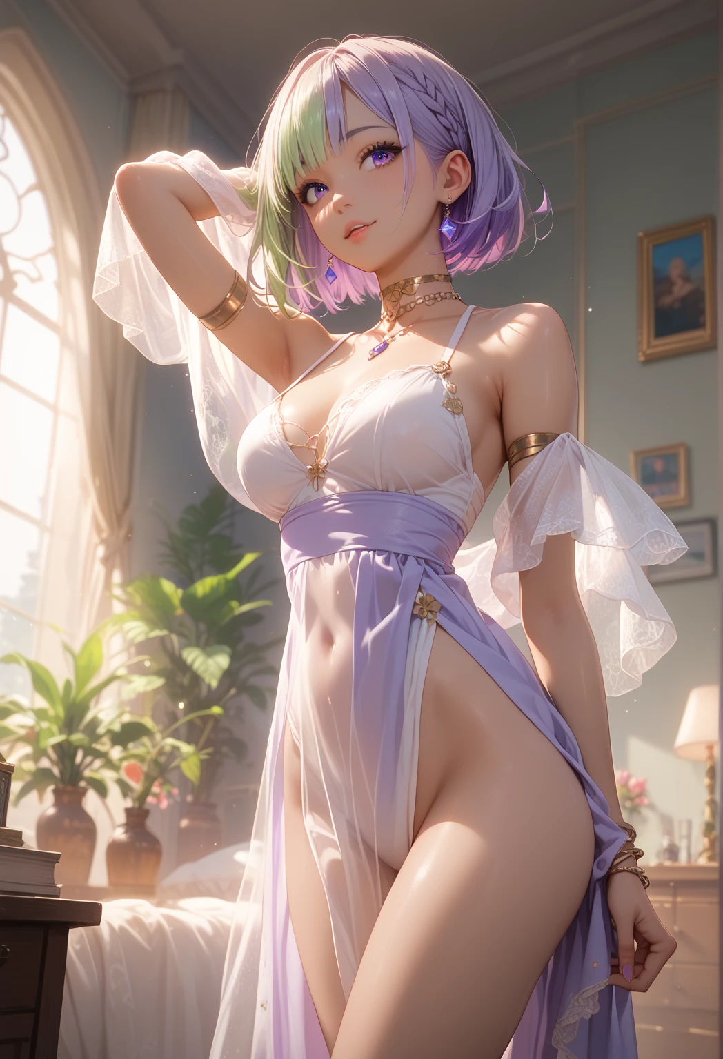 Beautiful anime close-up glamorous portrait of a vampire with a wide smile and open lips, goddess, Big Breasts (Deep valley), Sexy smile, Staring at the audience, High leg dress, Short Curly Hair, Green Hair, Anatomically correct, 10 year old princess, Modeling the Throne Room, Revealing clothing, Gorgeous tiara、 Studio Lighting, Detailed skin, Realistic, Sharp features, Very detailed. Sharp focus, Natural Skin, Natural Skin texture, Scattered beneath the surface, Calm colors, Skin pores, Perfect Face, Perfect Eyes, Perfect Plump Lips, A supple female figure, Crossing your legs, Vivid, Cinematic, Film Light, Super detailed, Hyper-Realistic, masterpiece, Atmospheric, High resolution, Vibrant, High Contrast, Dark Angle, 8k, High resolution, 500 pixels,((Nipples are visible:1.3)),Well defined nipples,Pink nipples showing through the shirt