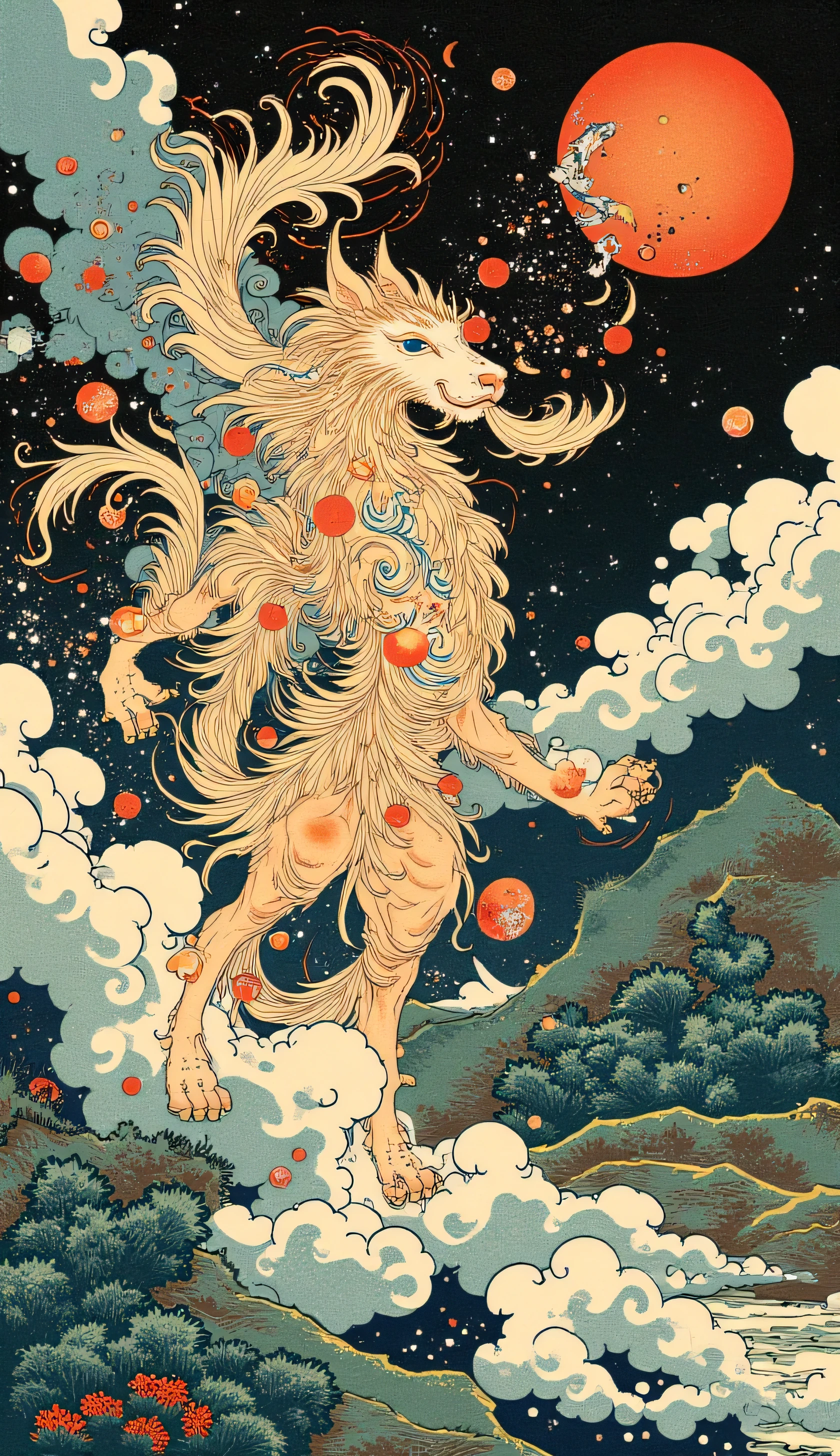 a ukiyo-e depiction of a god dog fighting against a god cat. both animals have japanese motif of curly cloud swirling on their body.