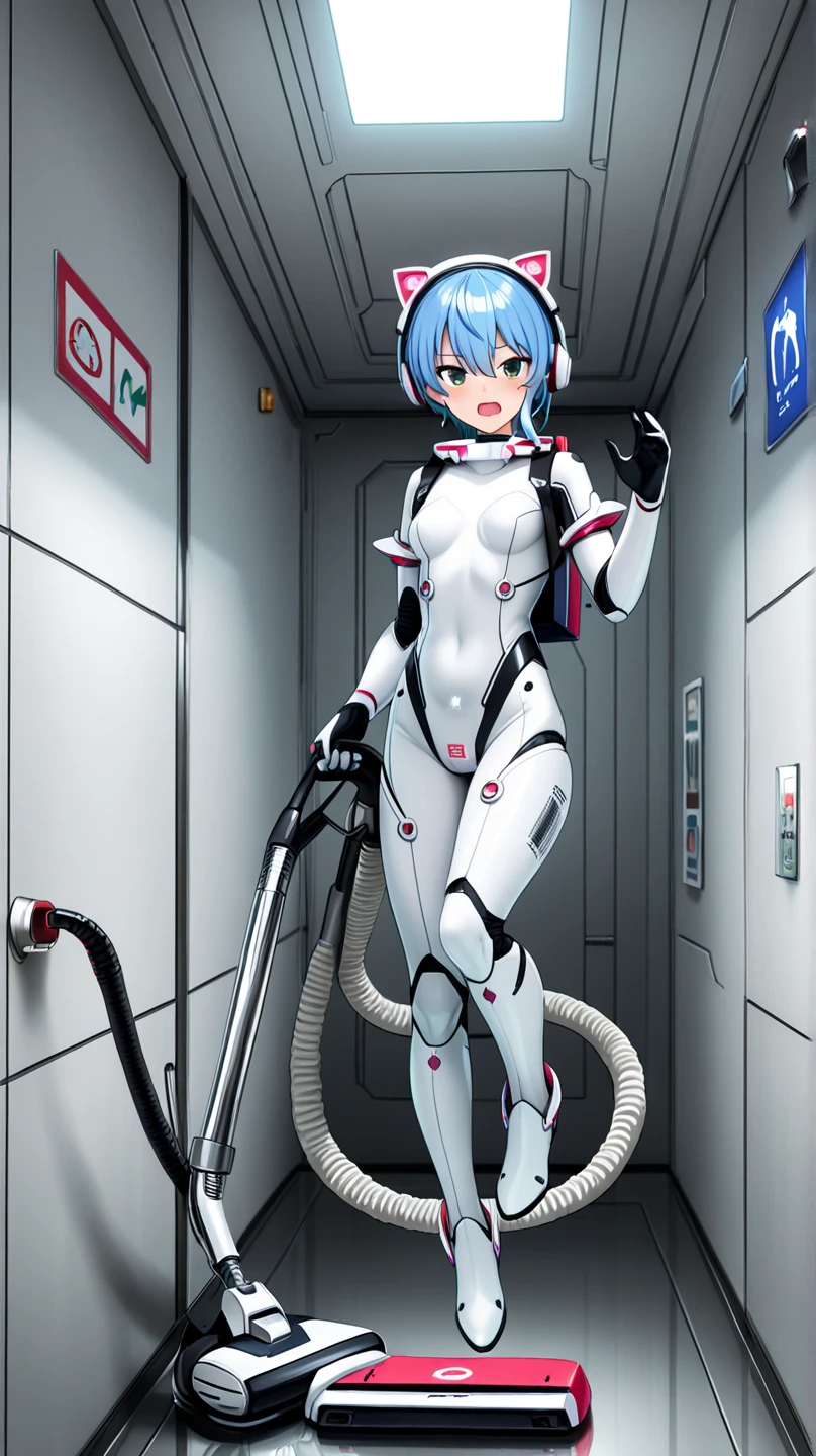 A sexy robot maid is cleaning the living room, viewed from behind