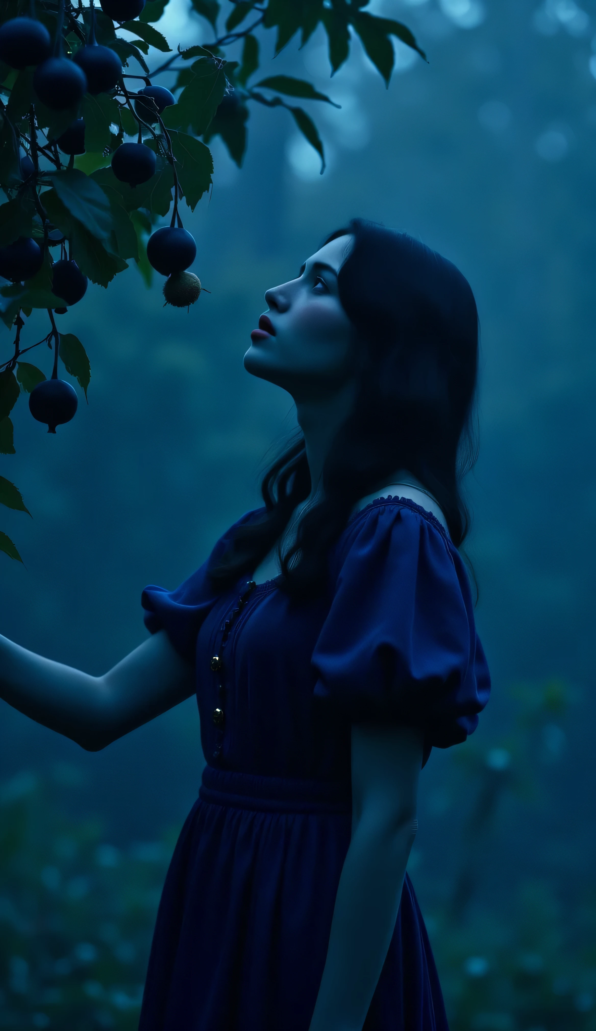 A full body side shot of a beautiful curious woman with dark wavy hairstyle, ((very pale skin)), looking up, picking a fig fruit from a tree, dressed in deep blue, cinematic shot, cinematic composition, portrait, close up, thick mist, ((((deep dark sapphire blue color)))), at night, darkness, shadow, masterpiece, digitalart, painting, split complementary palette, muted, monochromatic, achromatic, (cinematic artistic composition), best quality, (ancient feel), philosophy, (flickers of floating glowing tiny blue particles), (((digital art style))), brushstrokes, artistic
