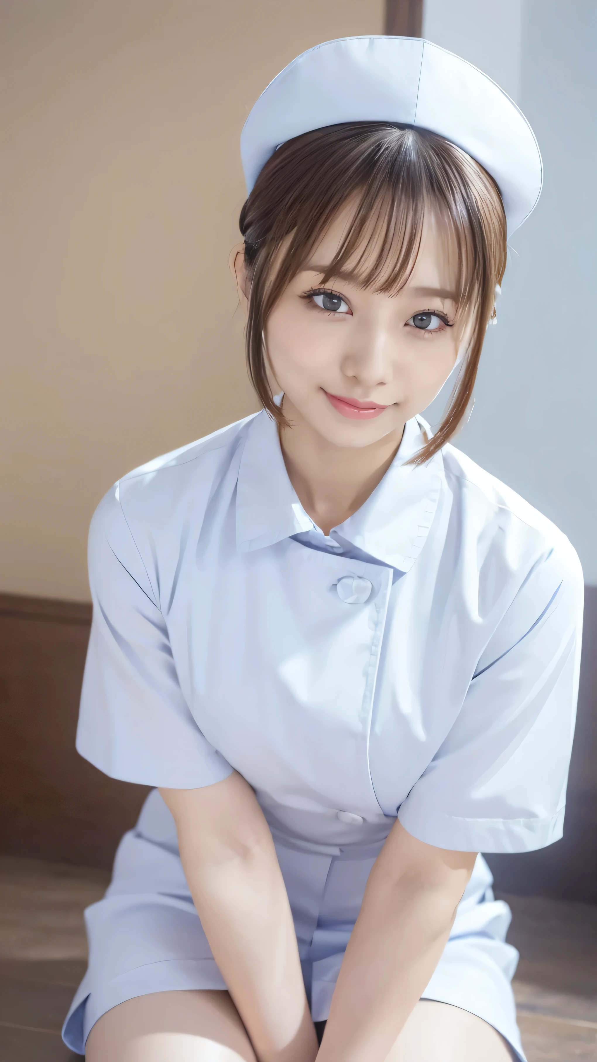 is sitting,Bright indoors、1 japanese girl,big smile,(Wearing white Nurse clothes:1.2),(RAW photo, Highest quality), (realistic, photo-realistic:1.4), masterpiece, very delicate and beautiful, very well detailed, 2k wallpaper, wonderful, finely, very well detailed CG unity 8k wallpaper, very well detailed, Hi-Res, Soft light, beautiful detailed girl in a blue trench coat , very well detailed eyes and face, beautifully detailed nose, finely beautiful eyes, Nurse, perfect anatomy, black hair, upstyle, Nurse uniform, (( nurse cap )), miniskirt, Nurse, pink clothes, thin, clear , white uniform, Neck auscultation,bob cut with skindent、Front 、 cross your legs