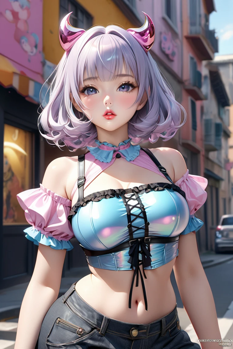 masterpiece, best quality, highres, hmkotori, short hair, multicolored hair, single hair bun, hair ribbon standing, cowboy shot, outdoors, smile, arms at sides, straight-on, reverse bunnysuit, heart pasties,