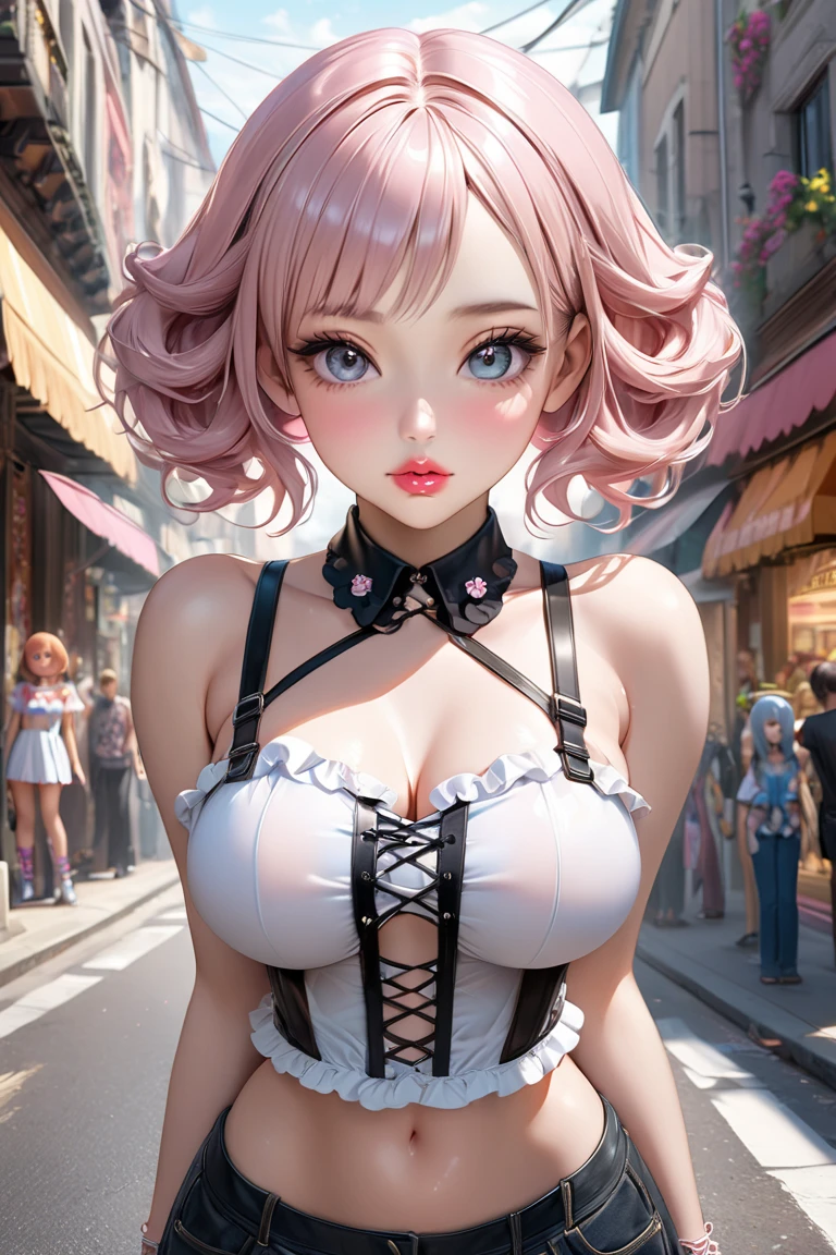 (Masterpiece, BestQuality:1.3), (ultra detailed:1.2), (hyperrealistic:1.3), (RAW photo:1.2), High detail RAW color photo, professional photograph, (Photorealistic:1.4), (realistic:1.4), professional lighting, perfect anatomy, (Big Breasts:1.1), (blush, detailed face), (cheerful Smile:1.5), Trending Hair&Trending Hairカラーをランダムに, earrings, necklace, bracelet, sexly, erotic sexly, Random sexy gravure poses, (A beautiful pink-haired woman in ta fashion is walking down a city street。hair is twin tail、spread your skirt。:1.3)