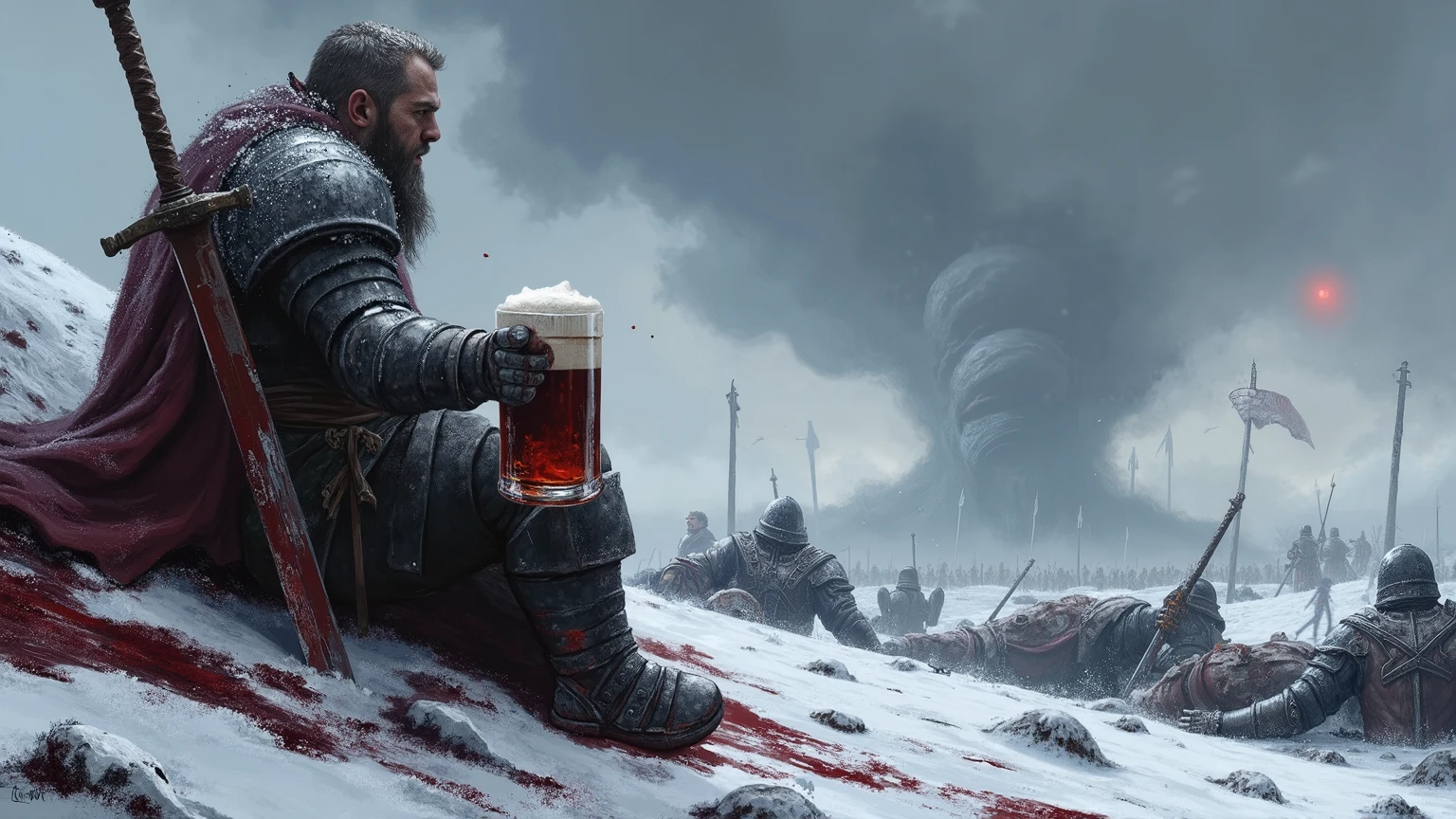 A dark fantasy scene set on a snow-covered battlefield, painted in shades of gray, crimson, and steel. A battle-worn barbarian warrior wearing full battle armor sits off-center, leaning slightly forward, surrounded by the bodies of fallen enemies, some partially buried in the snow, others slumped over shattered weapons. His skin is covered in fresh cuts, bruises, and blood, both his own and his enemies'. His eyes, cold and tired, scan the frozen carnage, realizing he is the lone survivor of this brutal conflict. Beside him, plunged deep into the frozen earth, stands his massive, blood-streaked bastard sword, its hilt wrapped in worn leather. In his hand, he holds a heavy, dented tankard overflowing with dark beer, thick foam cascading down the sides, staining his scarred fingers. The sky above is a stormy gray, heavy clouds threatening more snow, and a faint, eerie red light bathes the scene, reflecting off the blood-stained snow. The composition is panoramic, measuring precisely 7.5cm x 16cm, with the warrior positioned off-center, leaving space to capture the full scope of the battlefield’s devastation. The atmosphere is bleak, grim, and haunting, evoking the brutal beauty of dark fantasy art.