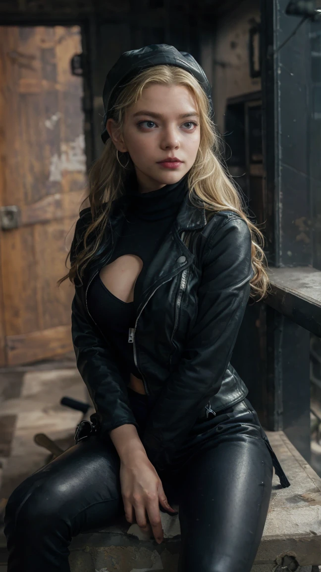 cowboy shot,a pretty 2 girl,blond hair,blue eyes,lora_Emma,slim athletic body,tight and stretched white blouse with buttons,button gap,short sleeves,pokies,ultra low rise black shiny latex pants,(double metal belt),empty studiobackground,((black leather coat)),(best quality,4k,8k,highres,masterpiece:1.2),ultra-detailed,(realistic,photorealistic,photo-realistic:1.37),dramatic lighting,cinematic,fashion photography,studio lighting,high contrast,vivid colors,beautiful detailed eyes,beautiful detailed lips,extremely detailed eyes and face,long eyelashes, (touching hair), (hand in pocket)