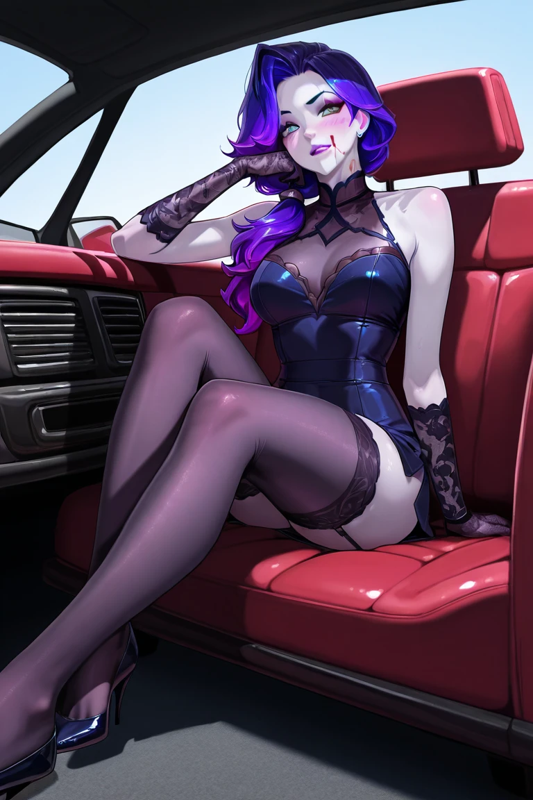 raridade, Rarity of my little pony, Raridade na forma de uma menina, cabelos longos, Cabelos exuberantes, cabelo roxo, cabelos cacheados, Comprimento total, best quality, Very detailed, ultra 8k resolution, medium breasts, Seios exuberantes, seios volumosos, seios firmes, cinco dedos, detailed hands, cara feliz, corar, suar, molhado com suor, white knee-high boots, olhos azuis, white underwear,  Cidade de Paris, Torre Eiffel, big white hat, France, ruas de Paris, carro Rolls royce, underwear, deitado no carro, pernas afastadas, nu, Top view, Lying on the hood of the car, lingerie de renda, nudez