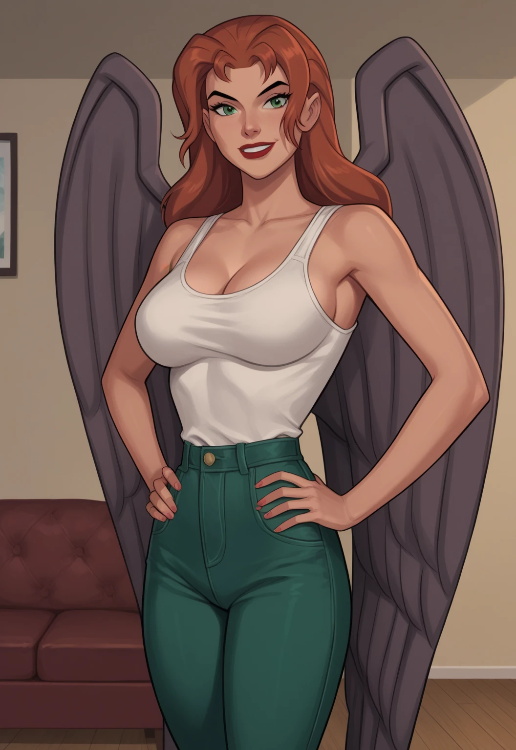 safe_pos, PonyXLV6_Scores BREAK ((retro artstyle, parody)), perfect anatomy, cowboy shot) shayera hol, wings, long hair, green eyes, ((looking at viewer)), superhero, red racerback tank top, green jeans, green bomber jacket, curvy, athletic, large breasts, standing, indoors, smile, bedroom , happy expression, red lipstick, open jacket, hands on hips, sexually suggestive pose, seductive pose