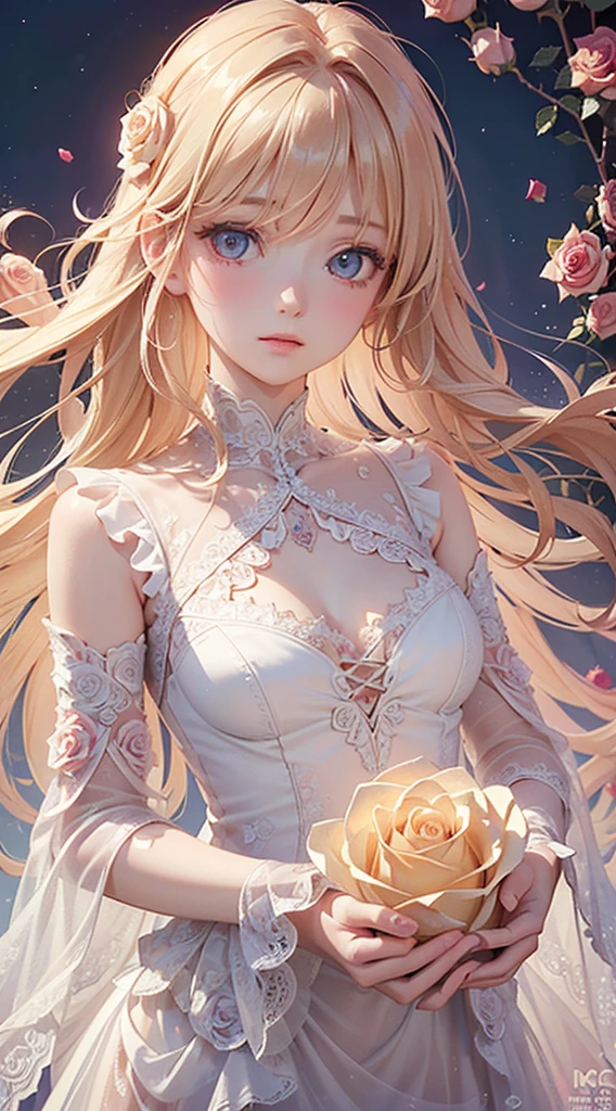 ((best quality)), ((masterpiece)), (detailed), (clear), (Romance Fantasy Illustration), 1 woman, 19 years old, beautiful, long pink hair, forehead, Fair and fair skin, Jewel-like blue eyes, abundant eyelashes, pretty lips, pure, A startled look, big bust, small waist, A gorgeous white dress, Silver Jewelry, Standing in front of the mirror, Touching my face