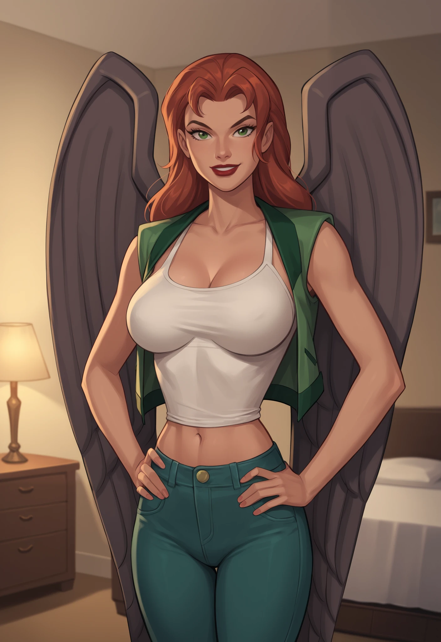 safe_pos, PonyXLV6_Scores BREAK ((retro artstyle, parody)), perfect anatomy, cowboy shot) shayera hol, wings, long hair, green eyes, ((looking at viewer)), superhero, red racerback tank top, green jeans, green bomber jacket, curvy, athletic, large breasts, standing, indoors, smile, bedroom , happy expression, red lipstick, open jacket, hands on hips, sexually suggestive pose, seductive pose