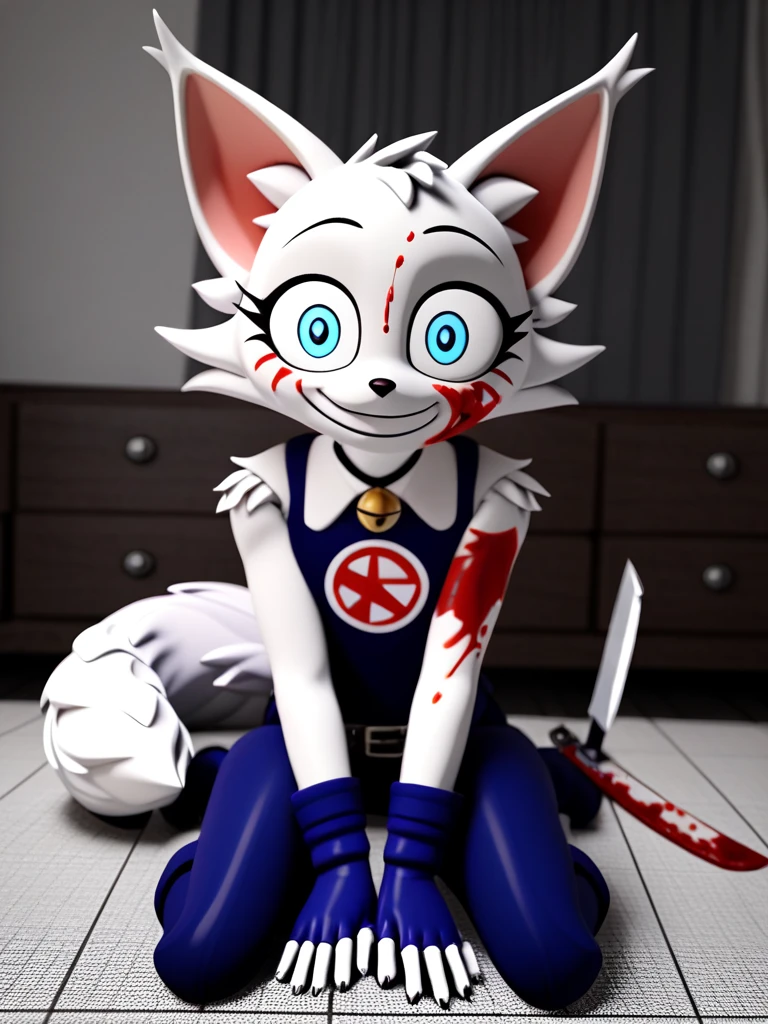 Loona from Helluva Boss, female white wolf, anthro, mature adult, short fluffy white hair, grey eyes, grey apron, green long sleeve, green cargo pants, black boots, covered in blood, standing, smiling, menancing, bloody face, detailed, solo, beautiful, high quality, 4K