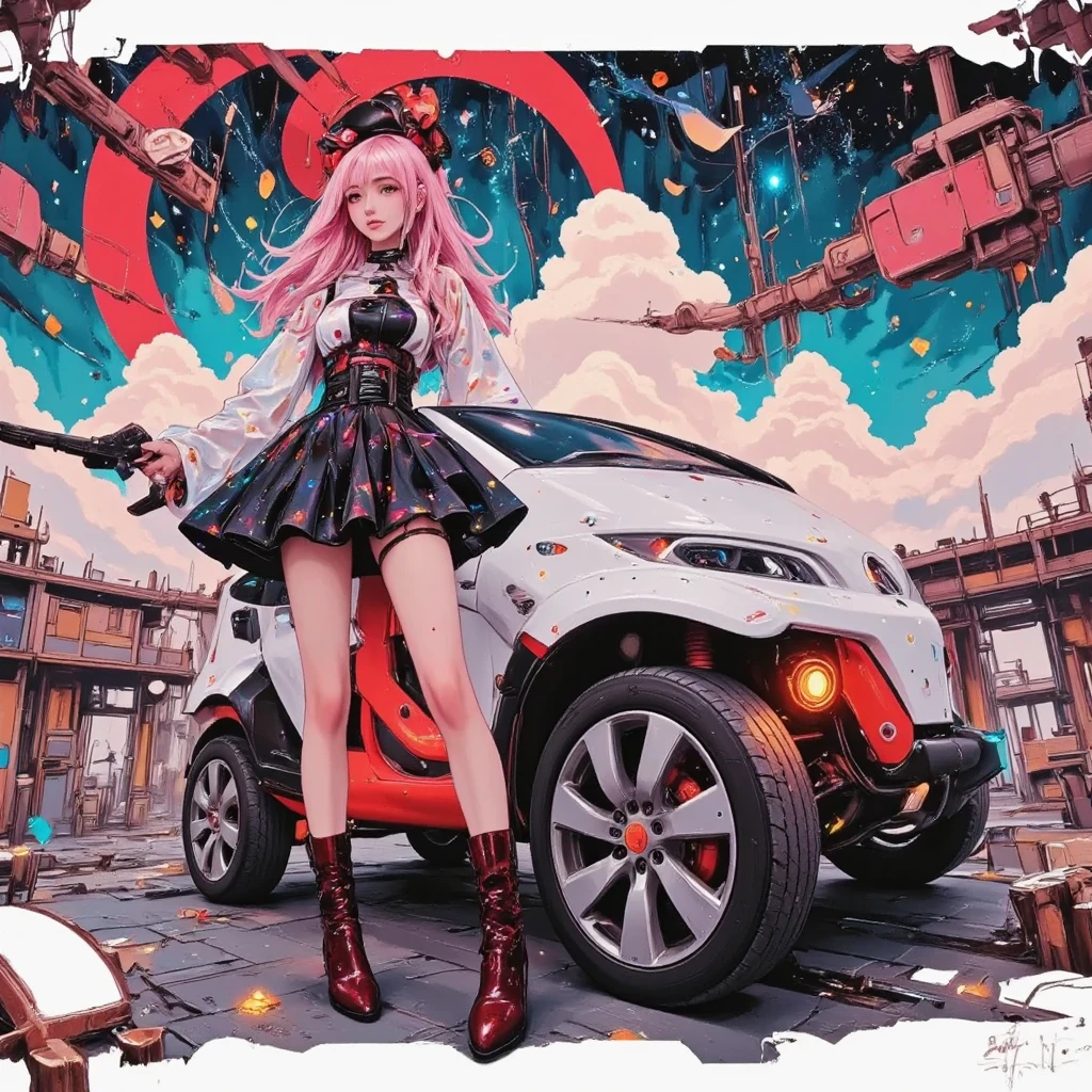 (Highest quality、8K、32k、masterpiece、Hmph:1.3)、(Photorealistic:1.4),((Shoot from the front,View your viewers,(whole body:1.5),)),((18-year-old punk girl,Unusual punk hair、Bright black and pink hair:1.3)),((Pink and black punk fashion、Flared mini skirt、Micro Bikini:1.5))、((In her right hand she is holding a pink electric guitar:1.5)、Clothes with studs、Stuffed rabbit、Back backpack、Wacky makeup、A desolate town soaked in rain,Puddles on the road、(Cinema Lighting)、Written boundary depth,Blurred Background、Organic Armor Cyborg、Machine Armor、Armor Texture、Blake、非常にdetailed (Dark Elf), (1 Girl), alone, Perfect Face, detailed, Ahoge, ((Long Hair:1.2)), (Hair above one eye:1.3), [[Messy Hair]], Shiny blonde white hair, Purple eyes, Variegated eyes, Colorful Hair, Shining Eyes, Bright Eyes, Face imprint, (eyelash, eye shadow, pink eye shadow), smile, Design Art：Haruhiko Mikimoto, by Kawashi, By Yoshitaka Amano
