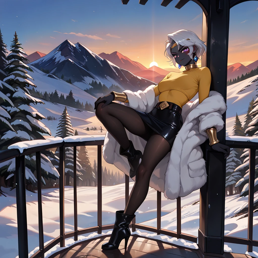 Rev1, masterpiece, high quality, high resolution, high texture, 8k, beautiful 18 year old woman with dark skin and dark hair, bob cut, (((dark_skin:1.2))), tired eyes, blushing cheeks, rosey lips, dark eyeliner, large breasts, ((white blouse, unbuttoned:1.2)), ((puffy jacket, unzipped:0.8)), plaid skirt:1.2, fur thigh high stockings, ((white panties:1.0)), snow boots, earmuffs, suspenders, 24mm camera lens, sexy pose, seductive pose, fashion model pose, laying on back, legs spread apart, thighs spread apart, shot from above, snow covered forest, frozen river, daylight, sunshine, subsurface scattering, volumetric lighting
