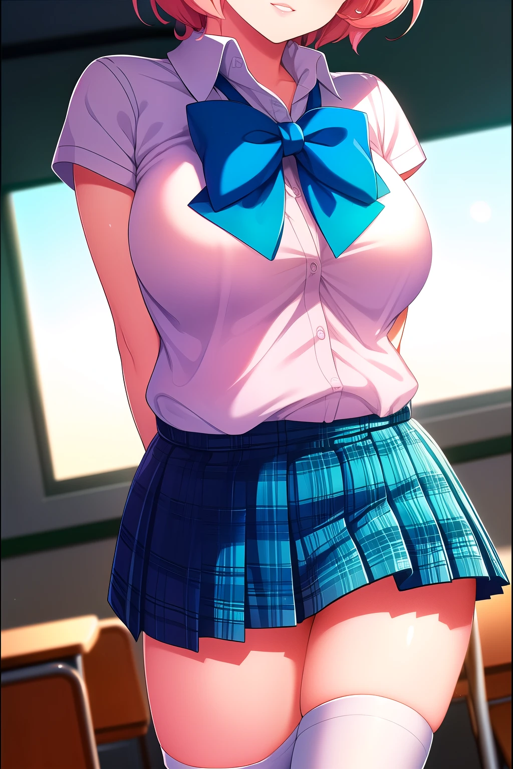 ((top-quality、8K、​masterpiece:1.3))、女の子1人、In a town where many people walk、Slender Abs、sofas、hyperdetailed face、A detailed eye、二重まぶた、very Bigger breasts、large full breasts、Colossal tits、Neat and clean schoolgirl、short-hair、Straight bob hair、Shorthair with bangs、A smile、Schoolgirl Uniform、Low male genitals visible through the skirt、An 18-year-old woman、Sheer white shirt、Unbutton and unfold the shirt、Exposing breasts、Navy blue ribbon at the collar、Dark blue pleated micro minexy、Peek at the viewer、Beautiful graphics and sunny main street、There are a lot of people、Show me your whole body、From head to toe、beautiful daruma pictures、 Standing、No bra、teats see through、You can see the shape of your nipples even through your shirt....No panties、No panties、No panties、Detailed female genitalia shape pantyhose is missing、(Facing the front)(((Blushing cheeks、embarassed expression)),(((My skirt was blown up by the wind)))、Showing female genitalia、、Background depth of field、Please choose one#39;skirt in the crowd、Found in many men、Eyes are hearts、trembling with excitement、White breath、Panties on the thighs