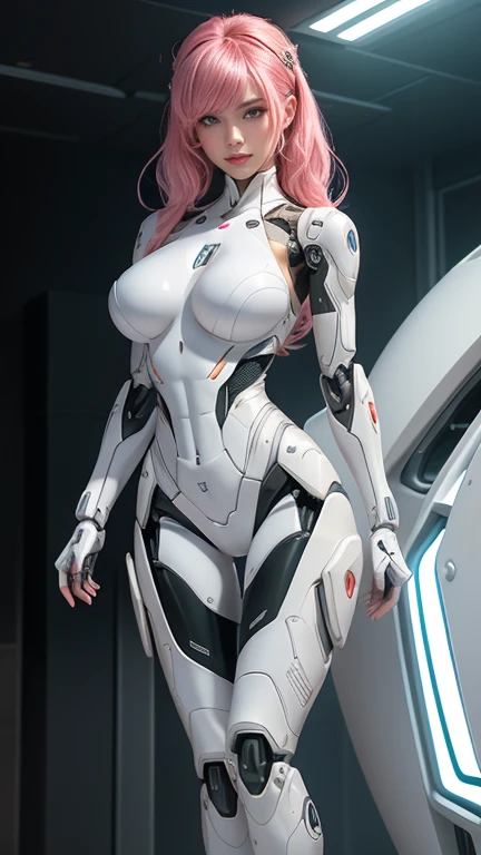 Un primer plano de una mujer con un traje rosa posando para una foto, (cuerpo cyborg ginoide:1.4), biomechanical oppai, anime robotic mixed with organic, cuerpo ginoide, Linda Chica Cyborg, highly detailed cybernetic body, girl in mecha cyber armor, Perfecto anime cyborg mujer, Chica cyborg, Chica androide perfecta, Broken hermosa mujer androide!,More detailed 8K.motor irreal:1.4,UHD,La mejor calidad:1.4, fotorrealista:1.4, textura de la piel:1.4, obra maestra:1.8,obra-prima, mejor calidad,objeto Objeto], (detailed face features:1.4),(Apocalyptic city destroyed:1.4),(cabello rosado largo:1.4),（Beautiful and detailed eye description）,(manos:1.4),(Pink Silver Robotic Suit:1.4)