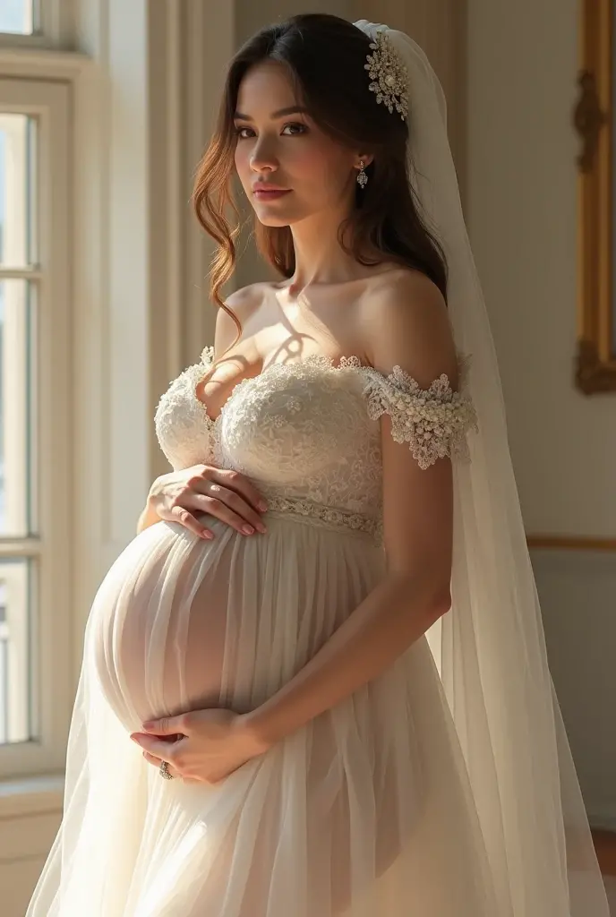 Albanian, girl, long brown hair, blue eyes, Pregnant woman, 7 months pregnant, Brunette, white wedding dress, Mosque setting