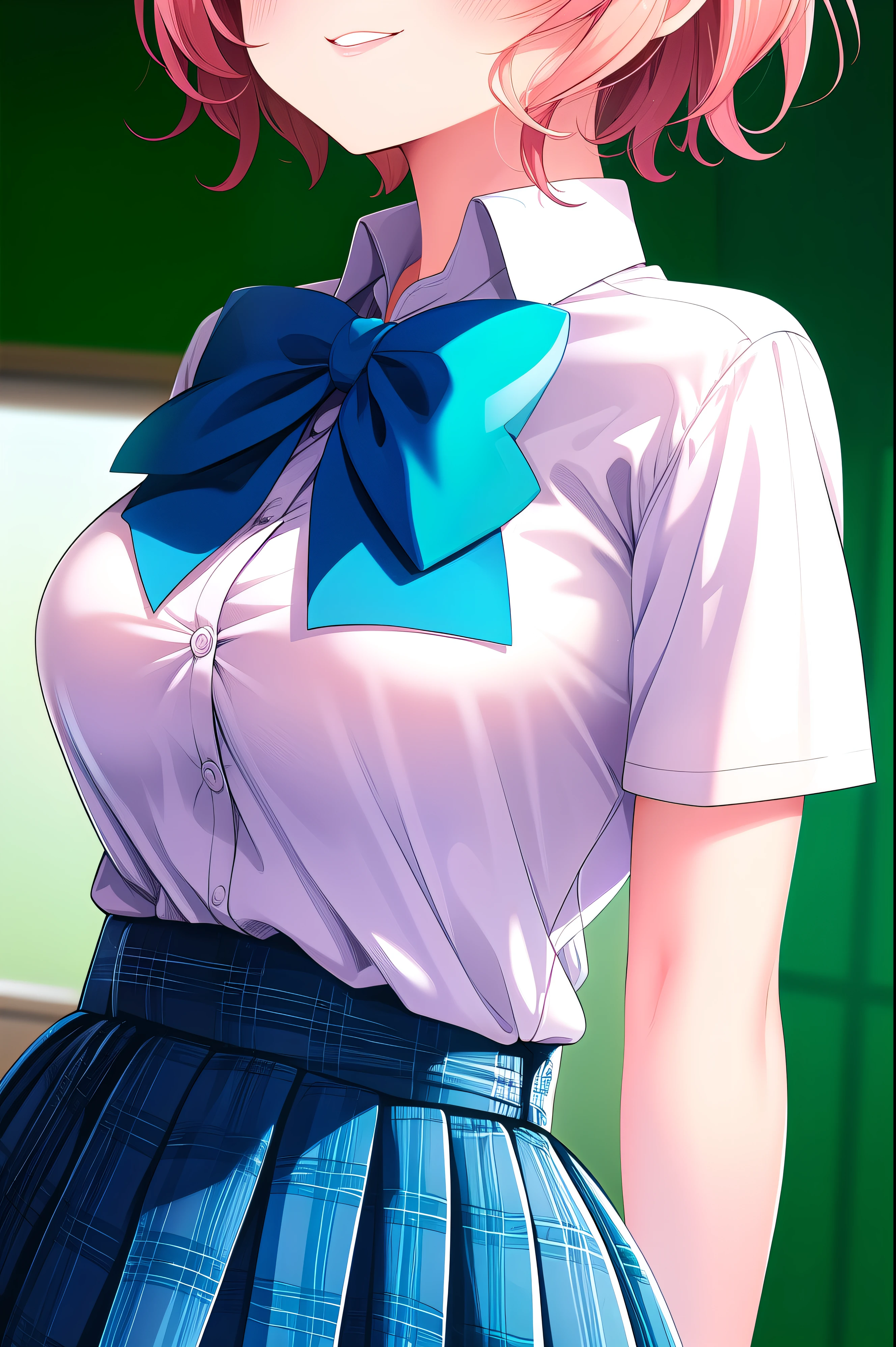 ( masterpiece, Highest quality), very detailed background, perfect lightingHighest quality, (upper body close-up angle:1.5), (arms behind back:1.6), Tomura Michiru, Alone, indoors, SCHOOL CLASSROOM, orange hair, One side up, pink hair bobble, hair between eyes, short hair, red eyes, medium boobs, (Blue Bowtie:1.3), white shirt, Short sleeve, blue skirt, plaid skirt、white thin thighs,、white knee socks, Glossy、 school uniform, Laughter、blush, pink lips,