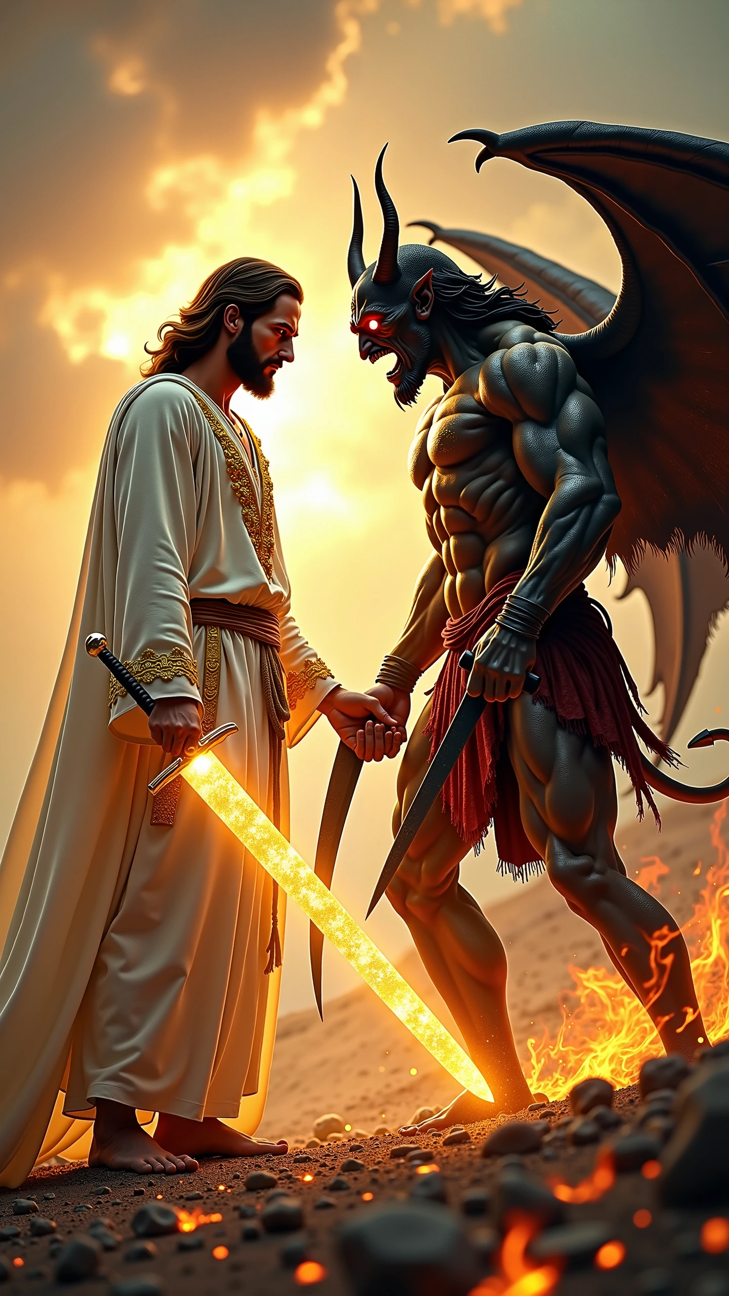 /imagine Sentence: "In an intense battle scene, Jesus and Satan are locked in a cosmic struggle, symbolizing the eternal conflict between good and evil."
Prompt: "A dramatic battle scene with Jesus and Satan facing off in a cosmic struggle. The scene symbolizes the eternal conflict between good and evil, with a stark contrast between light and darkness."
Sentence: "Jesus stands on one side, bathed in a radiant, golden light that seems to emanate from his very being."
Prompt: "Jesus standing on one side, surrounded by a radiant, golden light that shines from his body. The light is warm and bright, symbolizing purity and divinity."
Sentence: "He is depicted in traditional robes, but his demeanor is fierce and resolute, showing both compassion and strength."
Prompt: "Jesus dressed in traditional robes, with a fierce and resolute expression. His eyes show both compassion and strength, ready for the battle ahead."
Sentence: "In one hand, he holds a glowing sword, forged from light, representing truth and righteousness."
Prompt: "Jesus holding a glowing sword in one hand, the blade made of pure light. The sword represents truth and righteousness, with a divine aura around it."
Sentence: "His face is calm but determined, eyes piercing as they focus on his adversary."
Prompt: "Close-up of Jesus' face, calm but determined, with piercing eyes that focus intently on his adversary. His expression is both serene and powerful."
Sentence: "Opposite him, Satan is surrounded by shadows and dark flames, a figure of terrifying power."
Prompt: "Satan stands opposite Jesus, surrounded by swirling shadows and dark flames. His form is imposing and terrifying, exuding a sense of malevolent power."
Sentence: "His form is twisted and demonic, with a muscular, almost monstrous build."
Prompt: "Satan's twisted, demonic form with a muscular, monstrous build. His body is warped and intimidating, emphasizing his evil nature."
Sentence: "His skin is dark and cracked, with red eyes glowing o