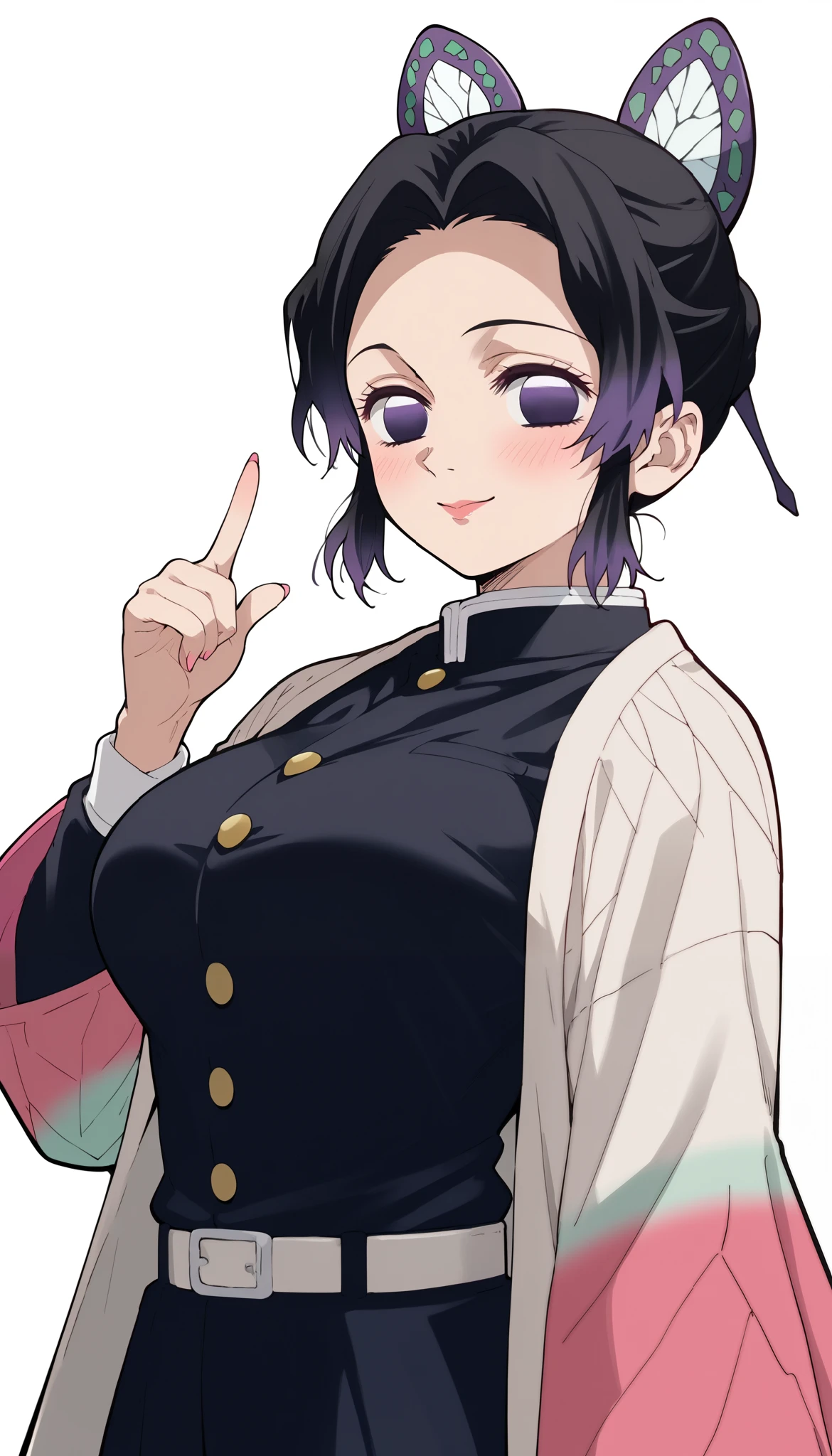 score_9, score_8_up, score_7_up, score_6_up, score_5_up, score_4_up,  (masterpiece: 1.0), best quality,  1girl , Alone, Viewer, simple background,  double ponytail hairstyle , The braid is placed on the chest, Expression of disdain, Devil costume , Devil horns, Vertical middle finger gesture , blush, Disdainful Eyes, From below, big breasts, style: midjourney, KShinobuXLV4