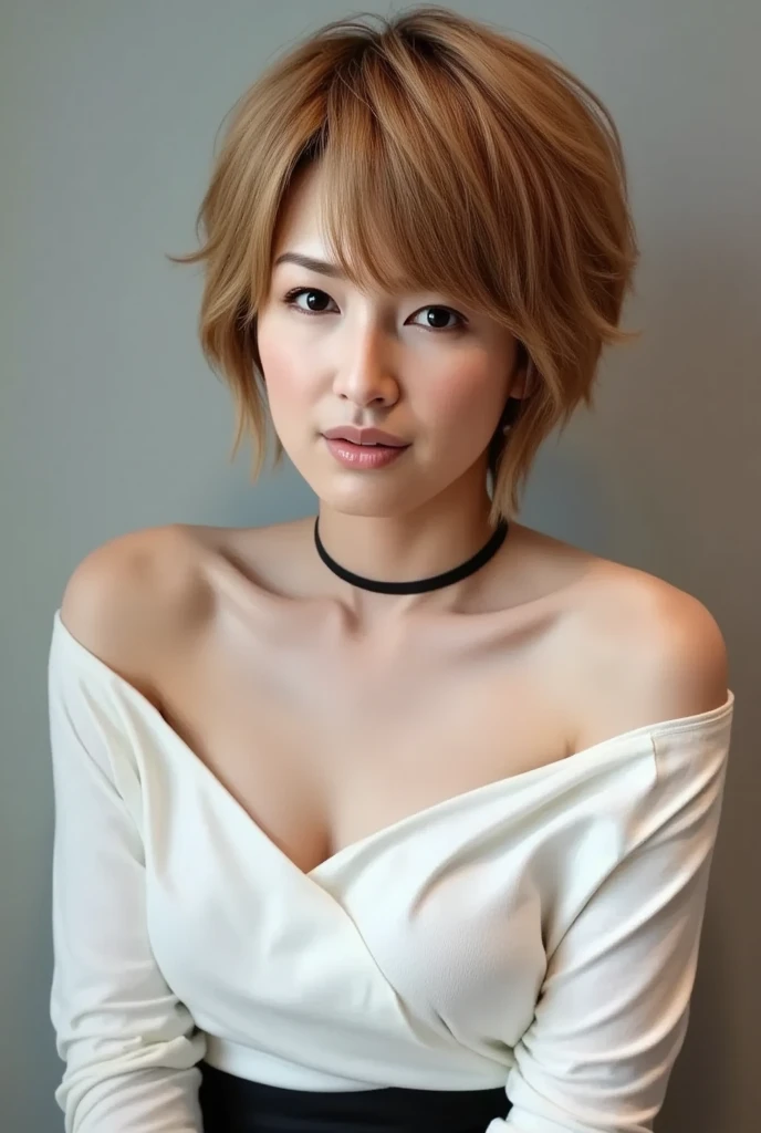 (highest quality, 8K, 32k, table top, nffsw: 1.2), Japanese beauty, small breasts,blonde、 very short hair, Upper body, ((face focus)), sweater,  background, heavy makeup、tattoo,cleavage、