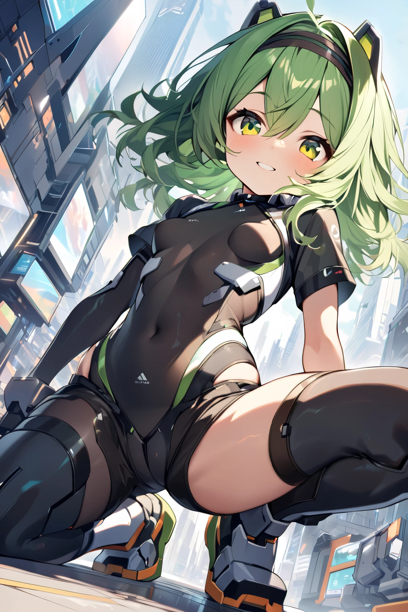 kneeling, 1petit_young_girl, solo, long_shaggy_hair, green_hair, short sleeves, (multicolored_bodysuit), robot ears, green eyes, very_short_shorts, short sleeves, short over long sleeves, light_smile, in futuristic city, , high quality, medium_breasts,crotch, slouch,groin,dynamic_angle,black_hair_band,small_breasts,