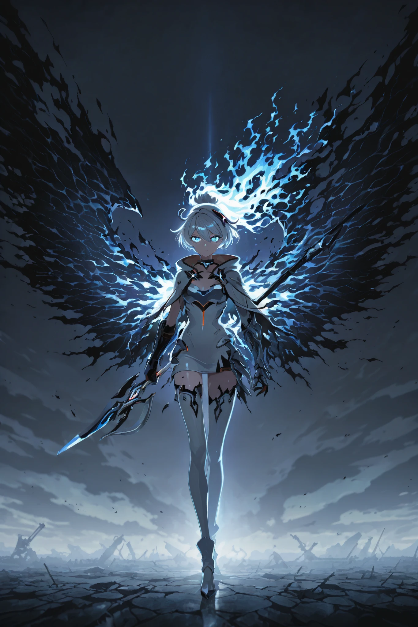 Anime illustration, detailed anime artstyle, cinematic background, extremely detailed background, backlighting, backlit, cold light, colorful, light reflection, solo, 1girl, (medium shot:0.5), asymmetrical armor, detailed skin, extremely detailed eyes, dynamic pose, Kiana, pure shining white hair, [long hair, high ponytail|(black flames, burning hair:1.2):0.4], kiana kaslana, flat chest blue eyes, bright eyes, glowing eyes, ringed eyes, HoF_Def, dress, white denim, white breastplate, clothing cutout, broken armor, cracked armor, battle dress, (broken clothes, clothes break:1.1), [shredded cape, broken cape|burning wings], [blue liquid flames, wielding a greatsword|(swordstaff, glaive, black flames, black napalm:1.2):0.5], sports bra, cloak, d4rkr34p3r, [armor:pauldrons, hood], choker, gauntlets, [chain:thighhighs], half-skirt, high heel boots, closed mouth, serious expression