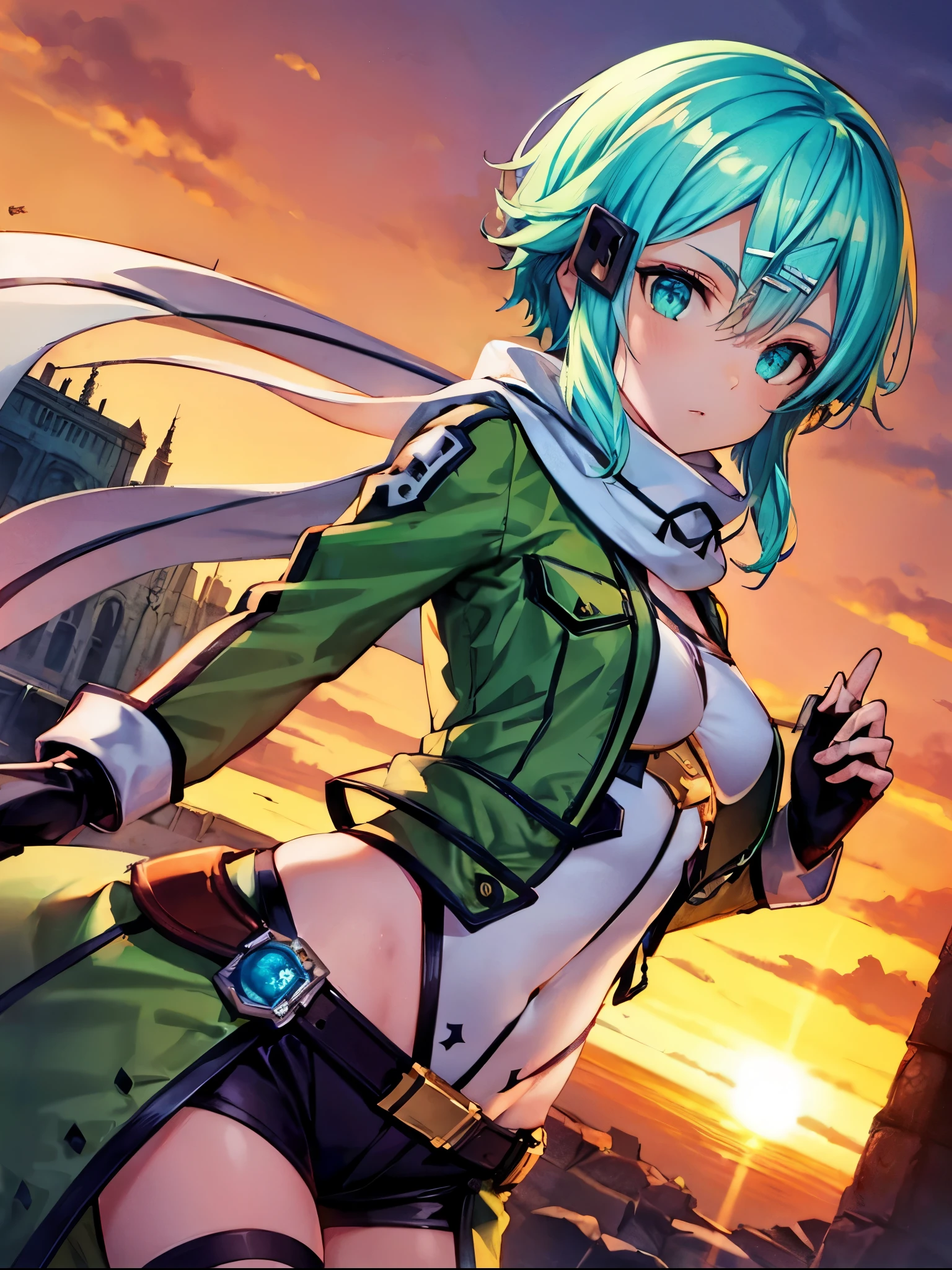 (masterpiece), best quality, expressive eyes, perfect face, highres, sinon1, scarf, fingerless gloves, long sleeves, short shorts,groin, hair ornament, hairclip, green thighhighs, green jacket,covered_nipples, thigh strap, field, sunset_ruins_landscape_background, ruined structures, dynamic_posing, looking at the viewer,,covered_navel,