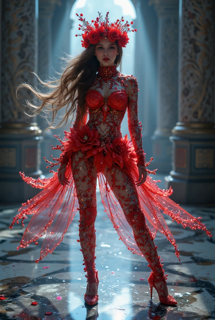 In the center of a chaotic, swirling world, a figure stands, a work of art in itself. Her face is a masterpiece of sorrow, her eyes a deep, crimson red, as if they've been etched with pain. Her body is a sculpture of intricate detail, crafted from golden and bronze wire, with a swirly pattern that seems to move with the wind.
Around her neck, a collar of spikes glints in the light, like a crown of thorns. Her horns, made of glass, are curved and delicate, like the petals of a flower. They shimmer in the sunlight, casting a rainbow of colors on the ground.
Behind her, the world seems to melt and flow, as if the very fabric of reality is being torn apart. Red and white polka dots dance across the horizon, like a frenzied dance of destruction. The air is thick with the scent of molten lava, and the ground beneath her feet seems to tremble with the weight of her sorrow.
As she stands, her eyes fixed on the horizon, it's clear that this figure is a work of art, a sculpture of beauty and pain, a testament to the power of the human spirit to endure even in the face of chaos.